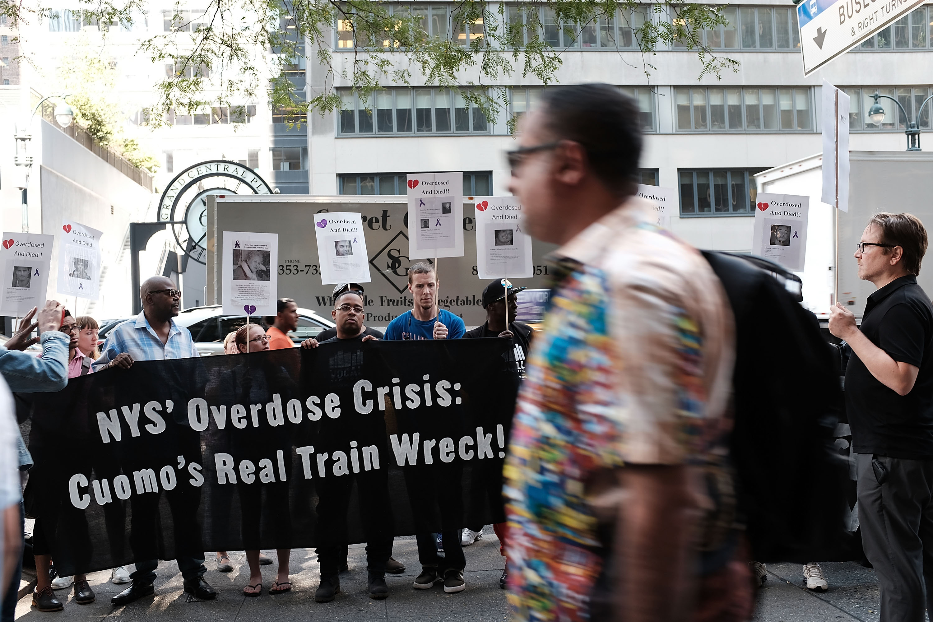 Recovering drug users, activists and social service providers hold a morning rally calling for "bolder political action" in combating the overdose epidemic outside of the office of Governor Andrew Cuomo on August 17, 2017 in New York City. Spencer Platt/Getty Images