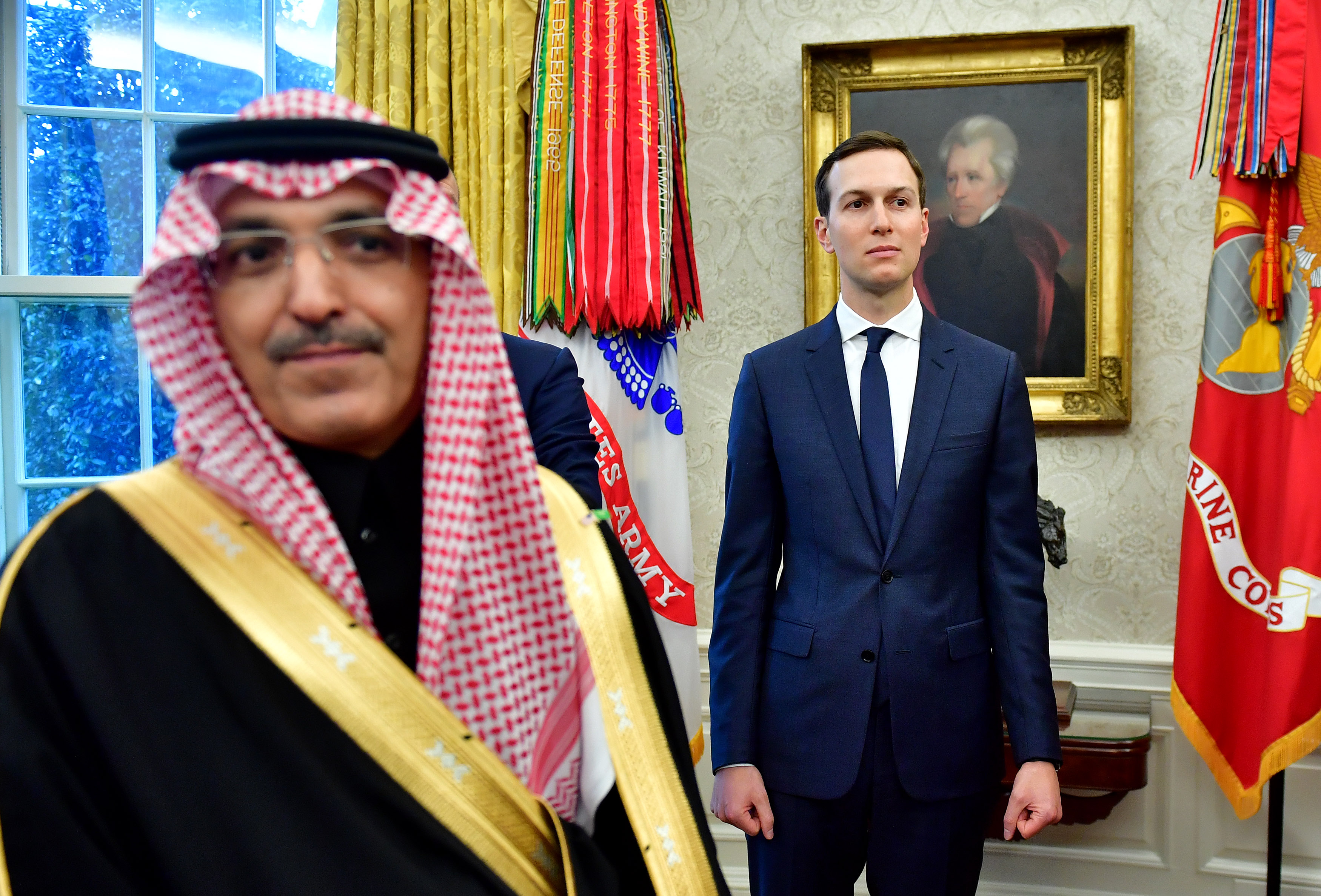 WASHINGTON, DC - MARCH 20: White House Advisor Jared Kushner, watches alongside a member of the Saudi Delegation during a meeting between President Donald Trump and Crown Prince Mohammed bin Salman of the Kingdom of Saudi Arabia in the Oval Office at the White House on March 20, 2018 in Washington, D.C. (Photo by Kevin Dietsch-Pool/Getty Images)