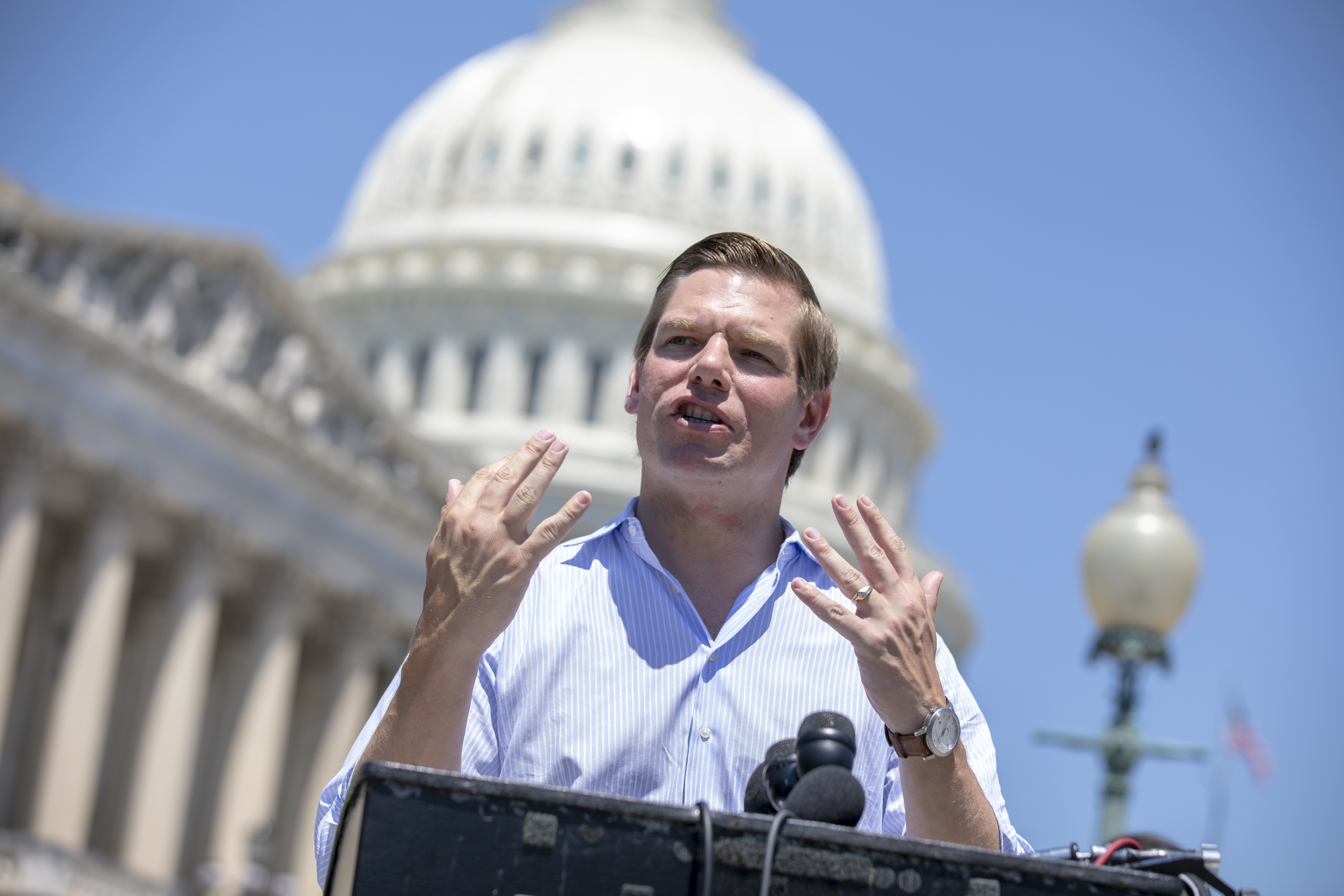 WASHINGTON, DC - JULY 10: Rep. Eric Swalwell (D-CA) speaks during a news conference regarding the separation of immigrant children at the U.S. Capitol on July 10, 2018 in Washington, DC. A court order issued June 26 set a deadline of July 10 to reunite the roughly 100 young children with their parents. (Photo by Alex Edelman/Getty Images)
