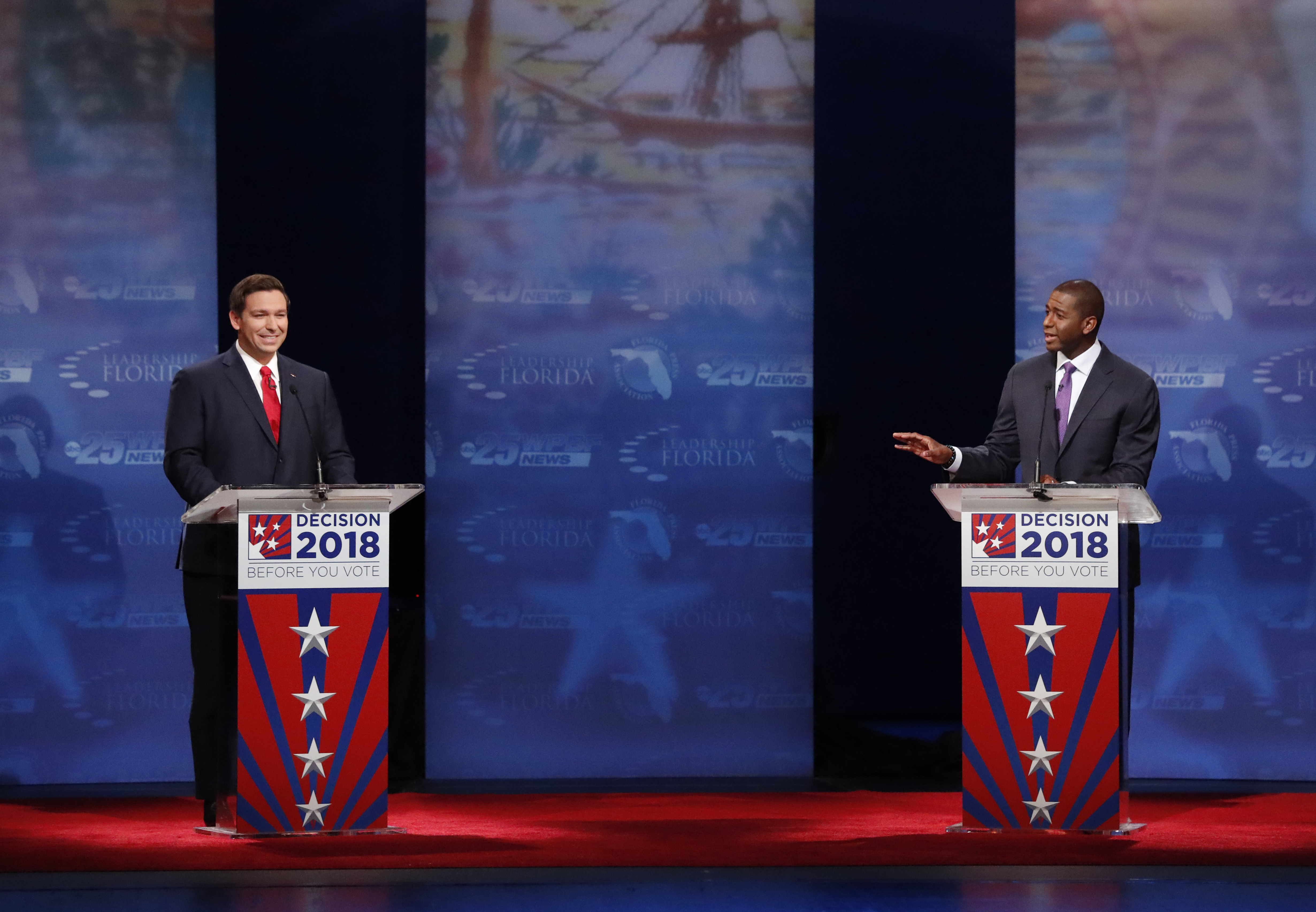 Republican Ron DeSantis (L) and Democrat Andrew Gillum debate at Broward College October 24, 2018 in Davie, Florida. The second and final debate between the two Florida gubernatorial candidates was marked by sharp personal attacks as the November 6 election approaches. (Wilfredo Lee-Pool/Getty Images)