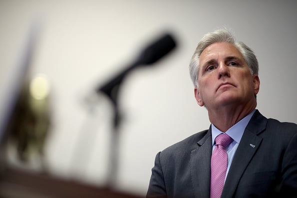 WASHINGTON, DC - JULY 24: House Majority Leader Kevin McCarthy (R-CA) participates in a weekly press conference with Republican House leaders at the U.S. Capitol July 24, 2018 in Washington, DC. When asked about U.S. President Donald Trump's threat of revoking security privileges of political opponents, Speaker of the House Paul Ryan said he thought Trump was "trolling" his political opponents. (Photo by Win McNamee/Getty Images)