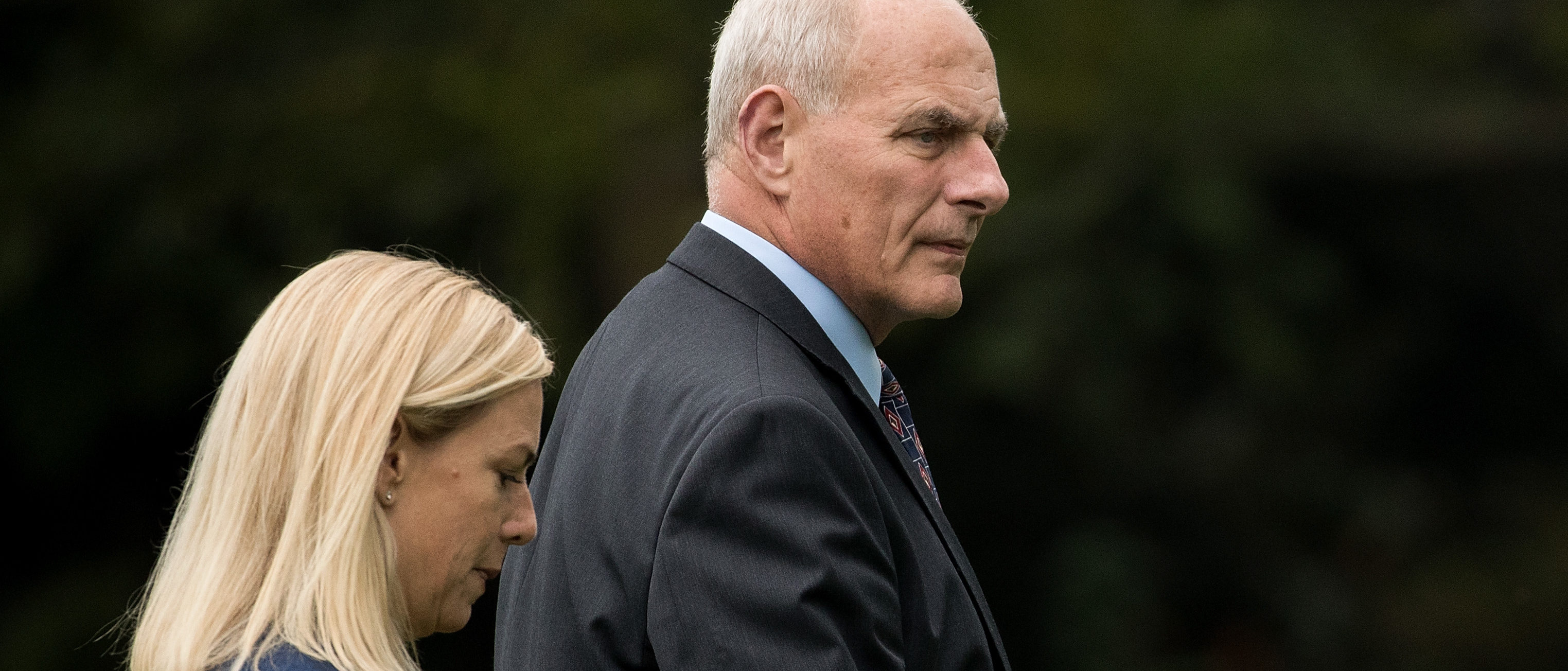 FILE -- Kirstjen Nielsen, President Trump's nominee to be the next Department of Homeland Security secretary, walks with White House Chief of Staff John Kelly as they exit Marine One on the South Lawn of the White House, October 13, 2017 in Washington, D.C. (Photo by Drew Angerer/Getty Images)