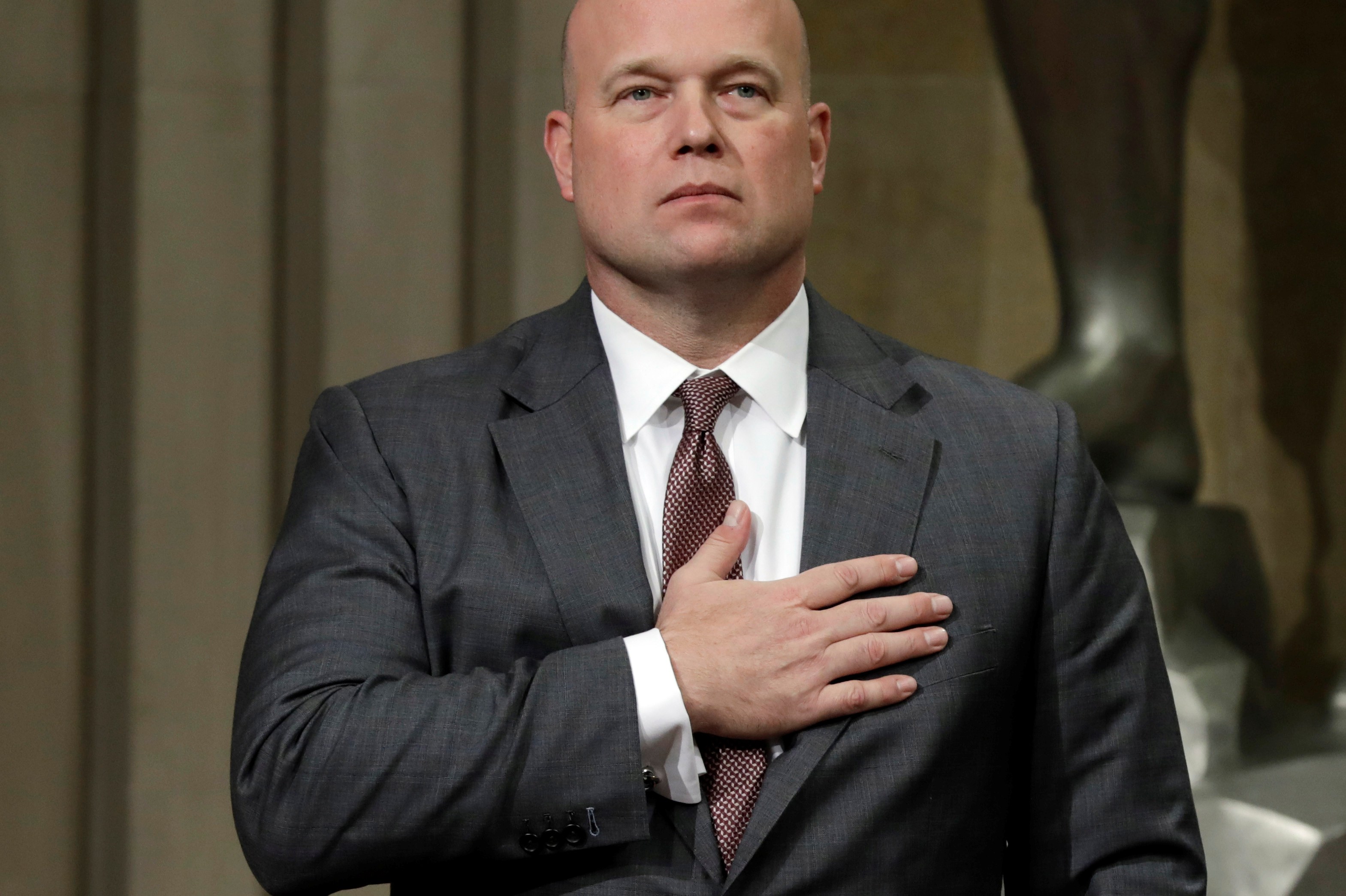 Acting Attorney General Matthew Whitaker stands during the Annual Veterans Appreciation Day Ceremony at the Justice Department in Washington. REUTERS/Yuri Gripas