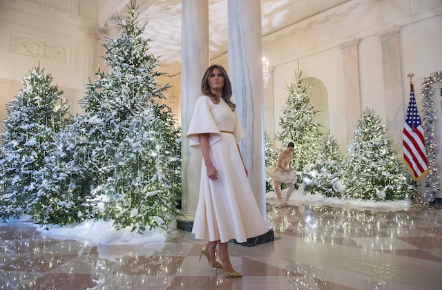 TOPSHOT - US First Lady Melania Trump stands in the Grand Foyer as she tours Christmas decorations at the White House in Washington, DC, November 27, 2017. (Photo credit:SAUL LOEB/AFP/Getty Images)