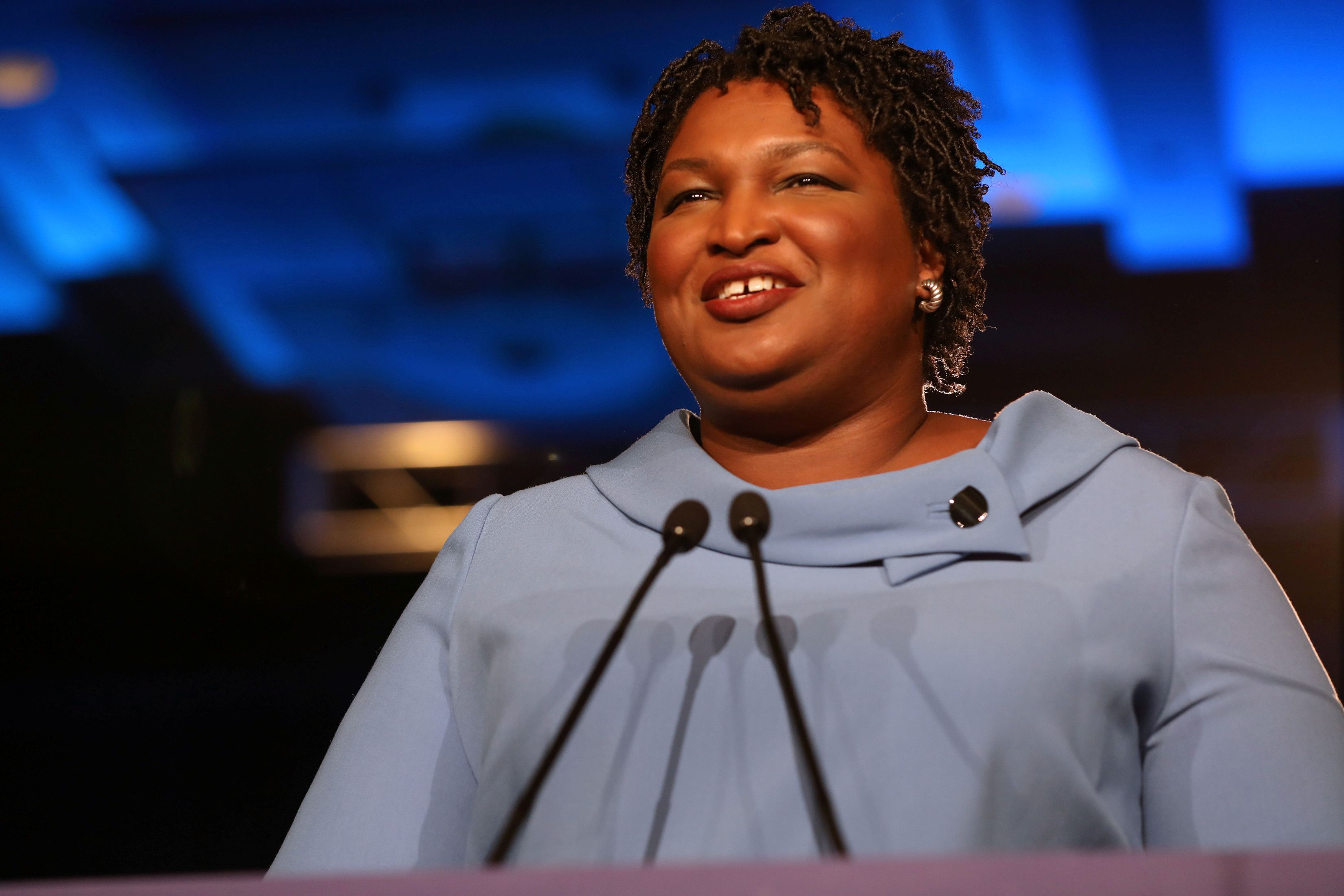 Stacey Abrams speaks to the crowd of supporters announcing they will wait till the morning for results of the mid-terms election at the Hyatt Regency in Atlanta, Georgia, U.S. November 7, 2018. REUTERS/Lawrence Bryant - RC19D7CE1860