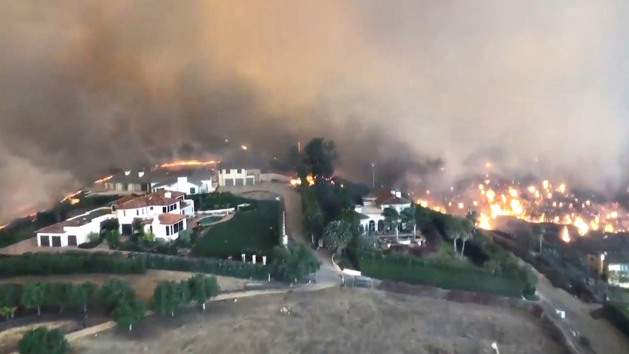 An aerial view showing the Woolsey Fire in Malibu, California