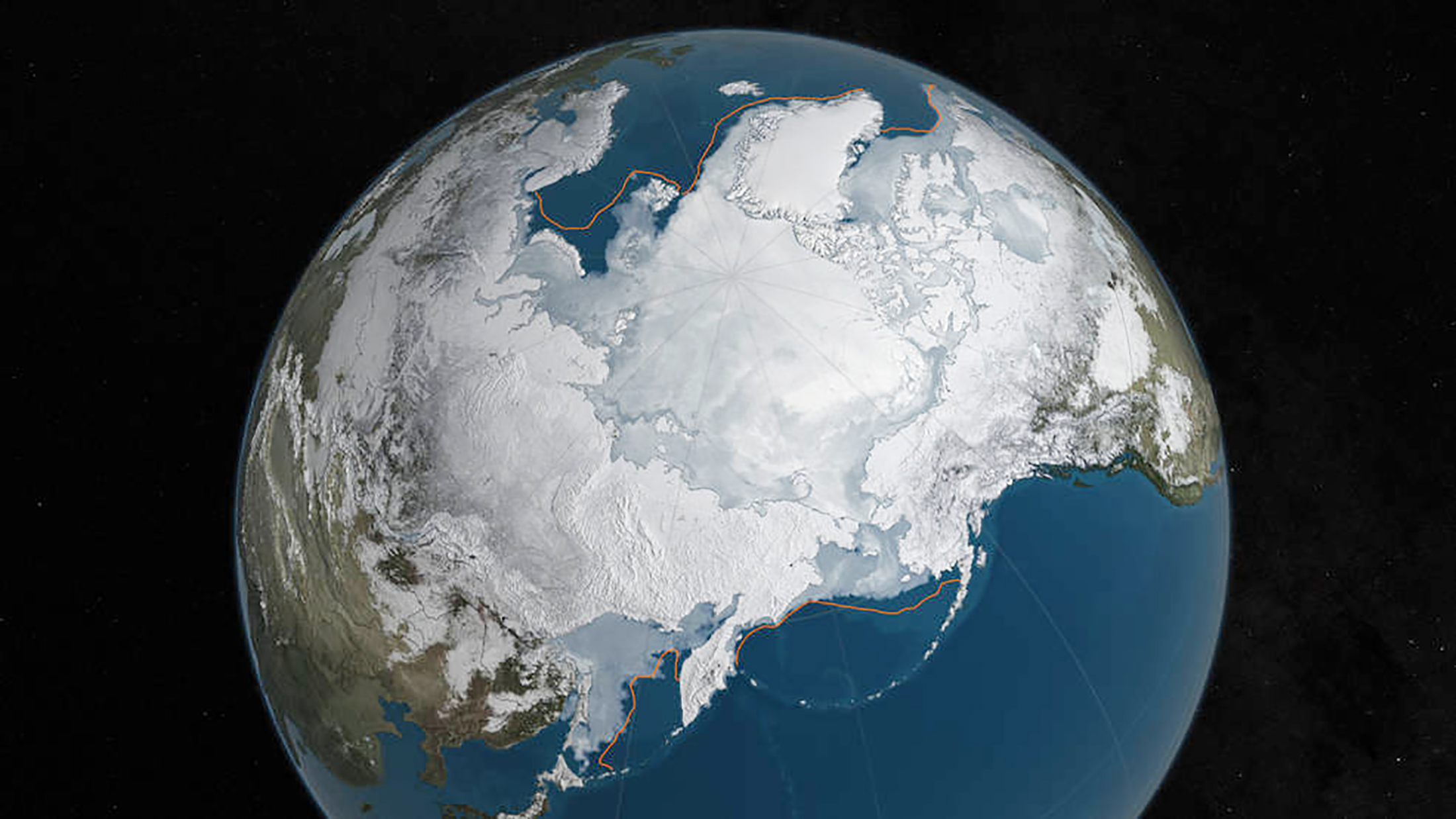 An undated NASA illustration shows Arctic sea ice at a record low wintertime maximum extent