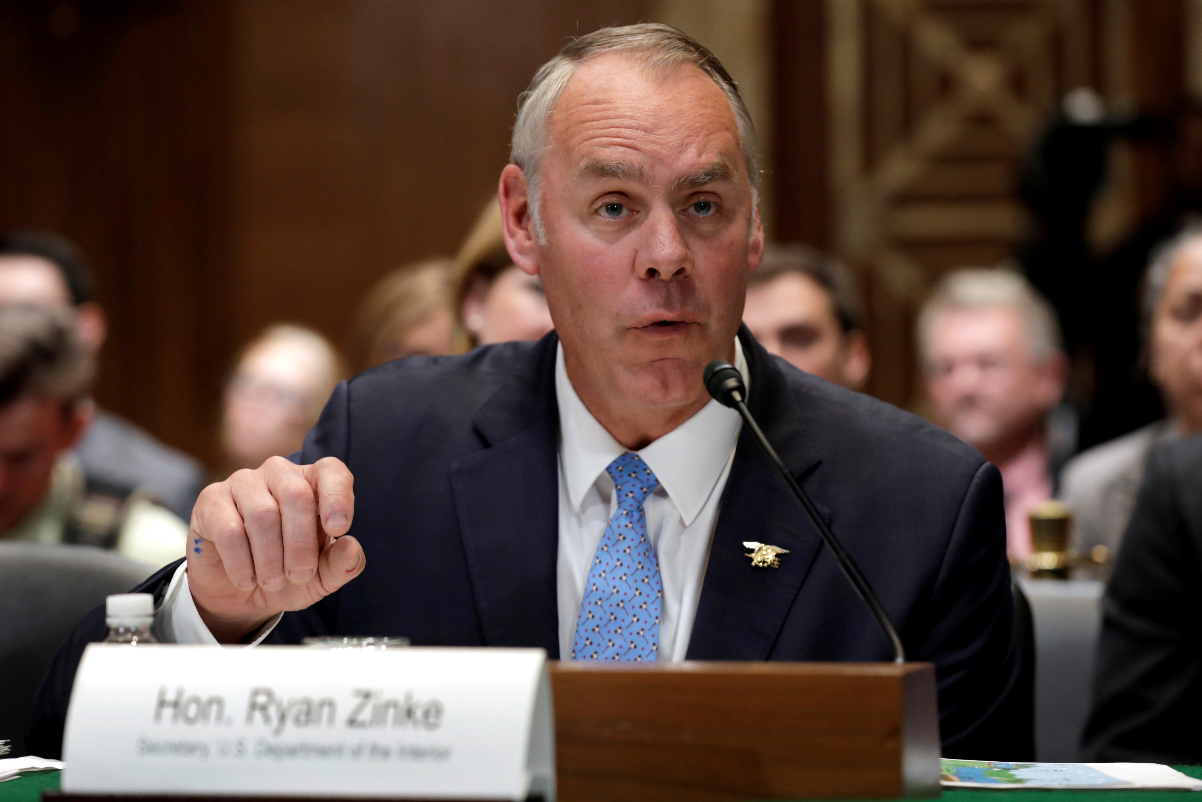 U.S. Interior Secretary Ryan Zinke testifies before a Senate Appropriations Interior, Environment and Related Agencies Subcommittee hearing on the FY2019 funding request and budget justification for the Interior Department, on Capitol Hill in Washington, U.S., May 10, 2018. REUTERS/Yuri Gripas