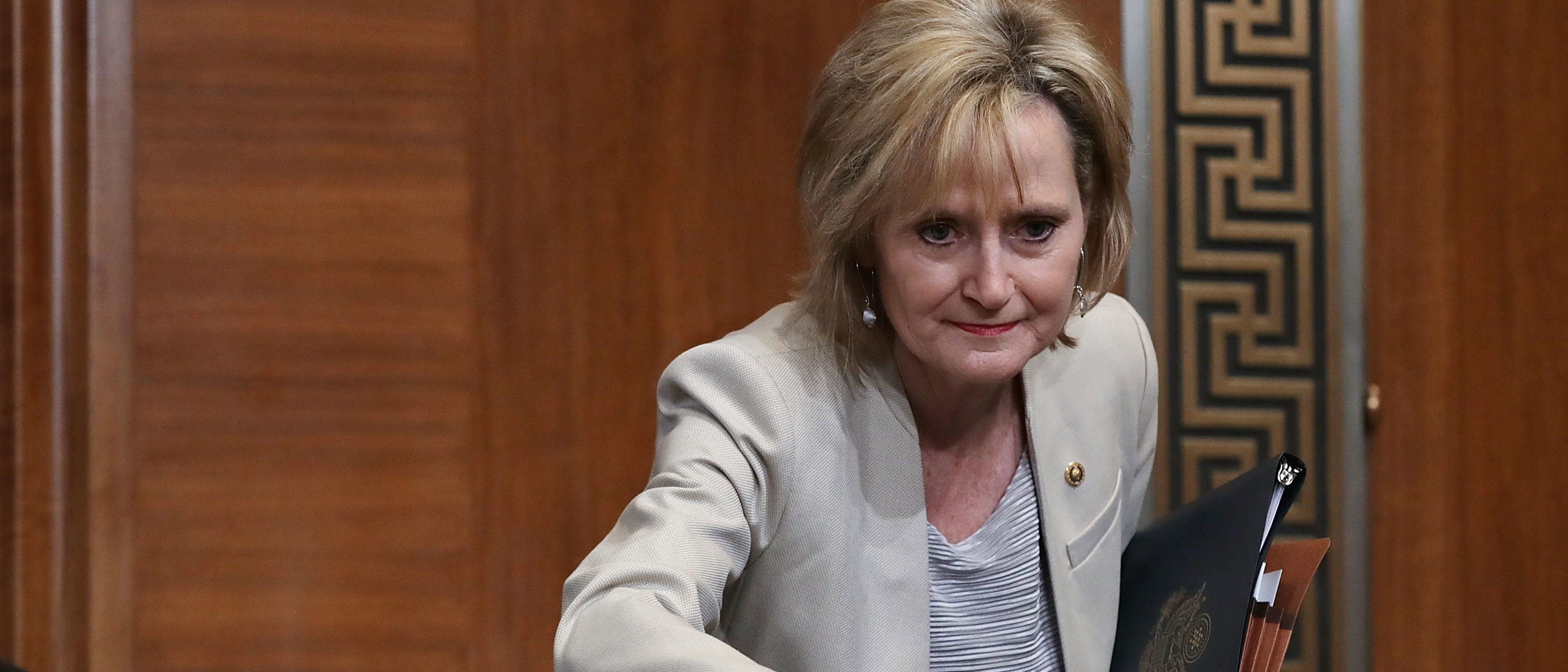 Sen. Cindy Hyde-Smith (R-MS) arrives for a hearing of the Senate Appropriations Committee's Interior, Environment, and Related Agencies Subcommittee with U.S. Interior Secretary Ryan Zinke in the Dirksen Senate Office Building on Capitol Hill May 10, 2018 in Washington, DC. (Chip Somodevilla/Getty Images)