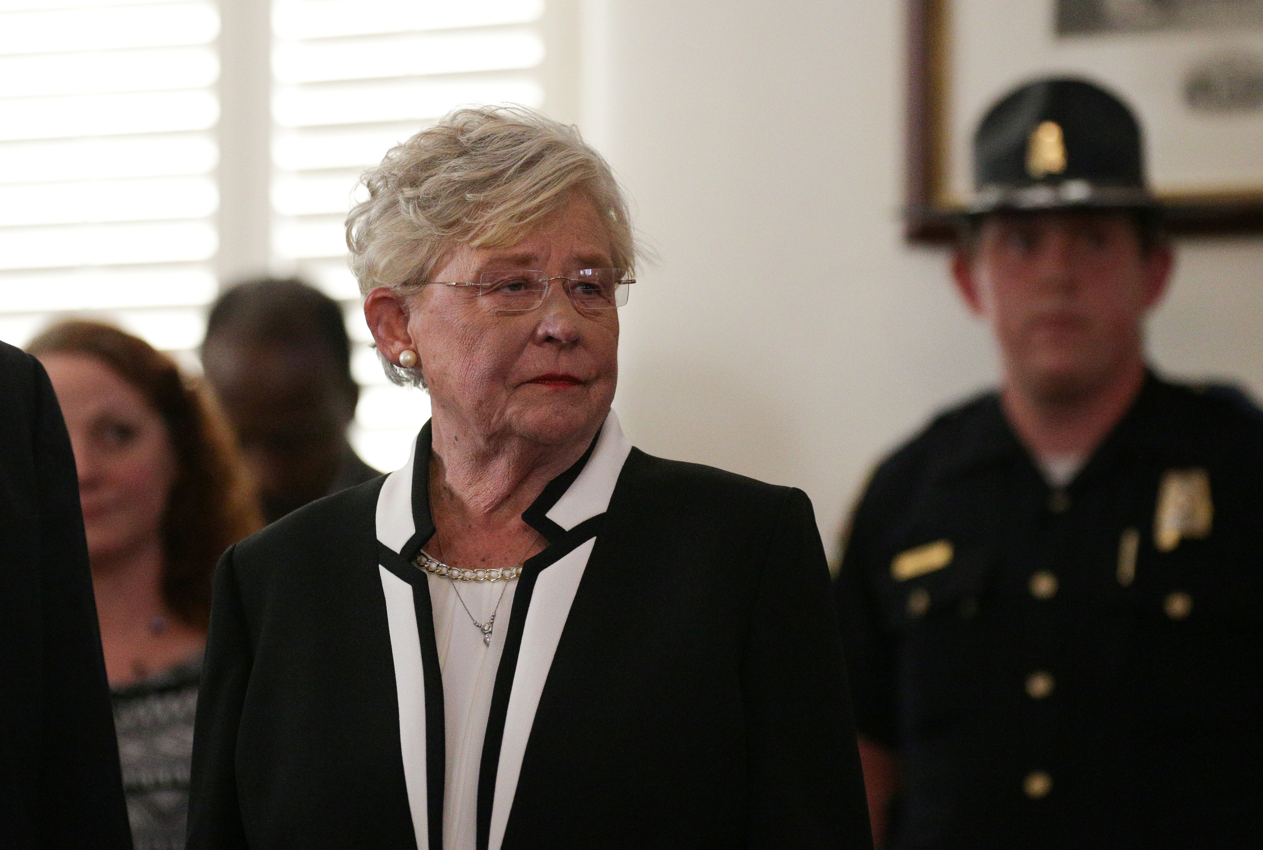 Lt Governor Kay Ivey waits to be sworn in shortly after Alabama Governor Robert Bentley announced his resignation amid impeachment proceedings on accusations stemming from his relationship with a former aide in Montgomery, Alabama, U.S., April 10, 2017. REUTERS/Marvin Gentry