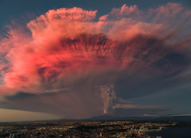 The eruption of the Calbuco volcano in the Chilean Patagonia at sunset. April 2015 (MAV Drone/Shutterstock)