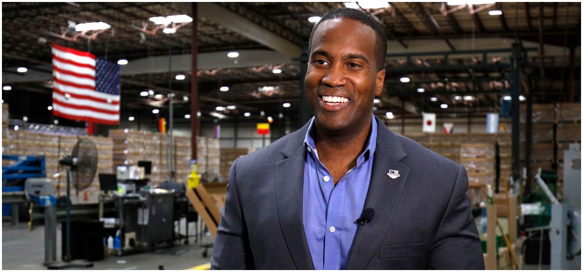 John James, Michigan GOP Senate candidate, does an interview with a news media outlet before holding an election night event at his business, James Group International, August 7, 2018 in Detroit, Michigan. The Michigan Primary election is being held today, and James, one of two Republican Senate candidates competing to see who will run against Democrat incumbent Sen. Debbie Stabenow, has President Donald Trump's endorsement. (Photo by Bill Pugliano/Getty Images)