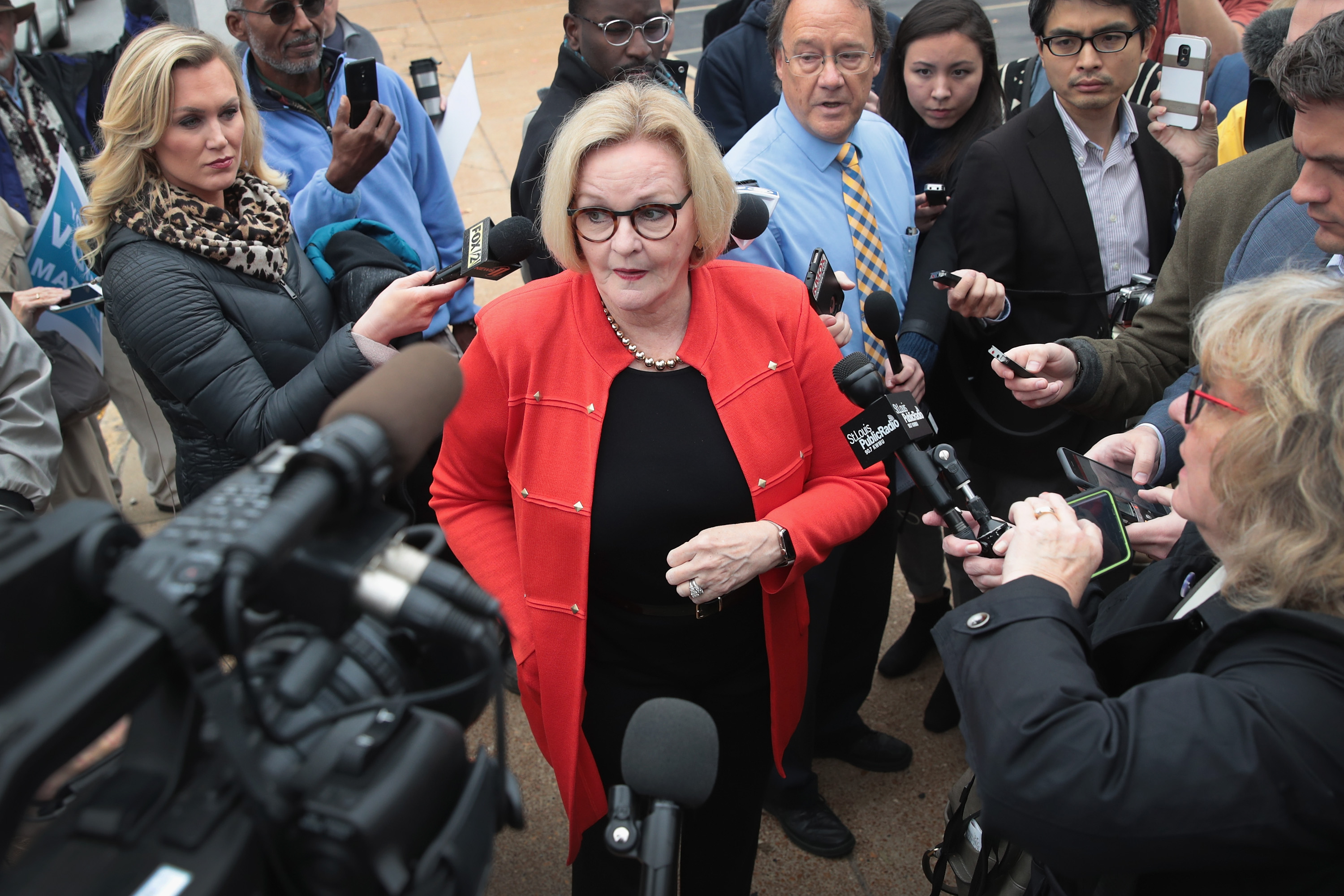 Senator Claire McCaskill fields questions from reporters following a campaign stop at The Royale bar on November 5, 2018 in St. Louis, Missouri. (Scott Olson/Getty Images)