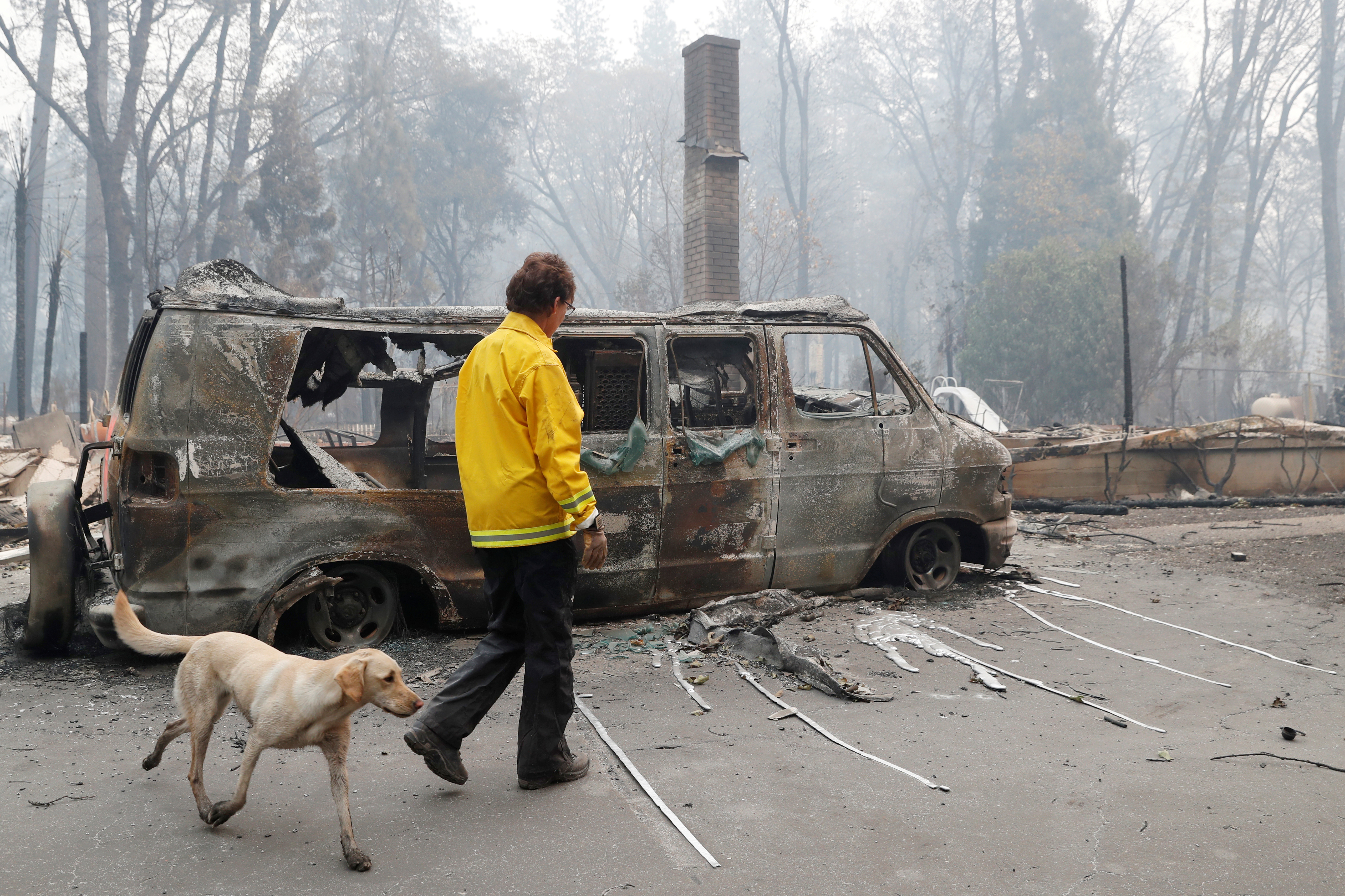 Karen Atkinson, of Marin, searches for human remains with her cadaver dog, Echo, in a neighborhood destroyed by the Camp Fire in Paradise, California, U.S., November 14, 2018. REUTERS/Terray Sylvester