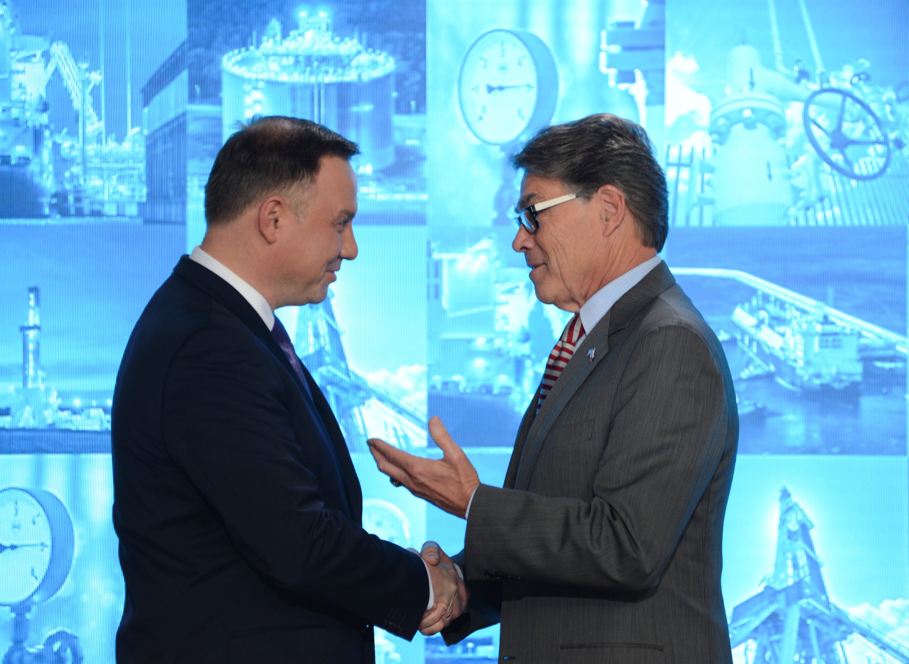 Poland's President Andrzej Duda and U.S. Energy Secretary Rick Perry during joint news conference with Polish gas company PGNiG after signing a contract about LNG supplies in Warsaw