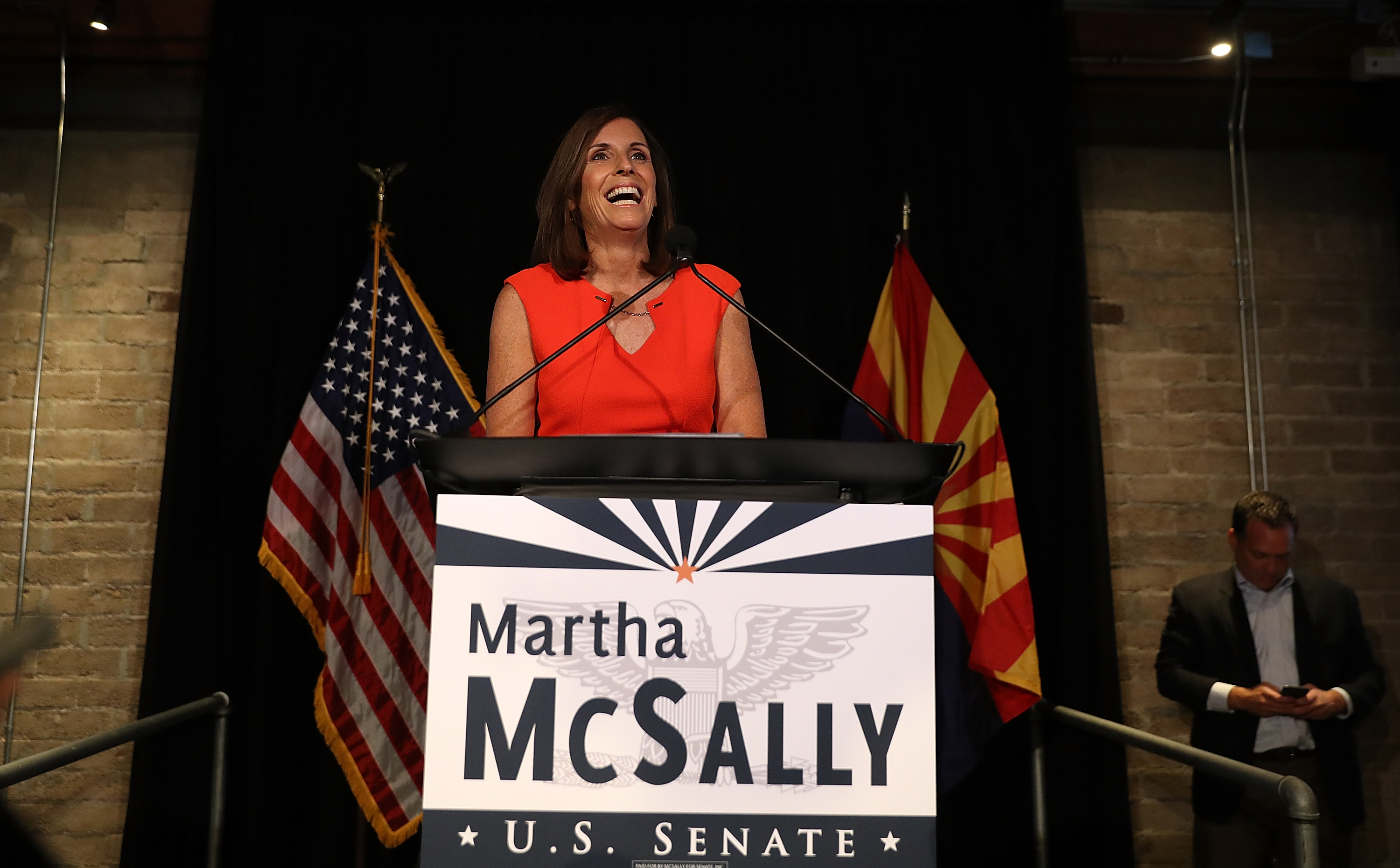 TEMPE, AZ - AUGUST 28: U.S. Senate candidate U.S. Rep. Martha McSally (R-AZ) speaks during her primary election night gathering at Culinary Drop Out at The Yard on August 28, 2018 in Tempe, Arizona. U.S. Rep. Martha McSally won the Arizona GOP senate primary. (Photo by Justin Sullivan/Getty Images)