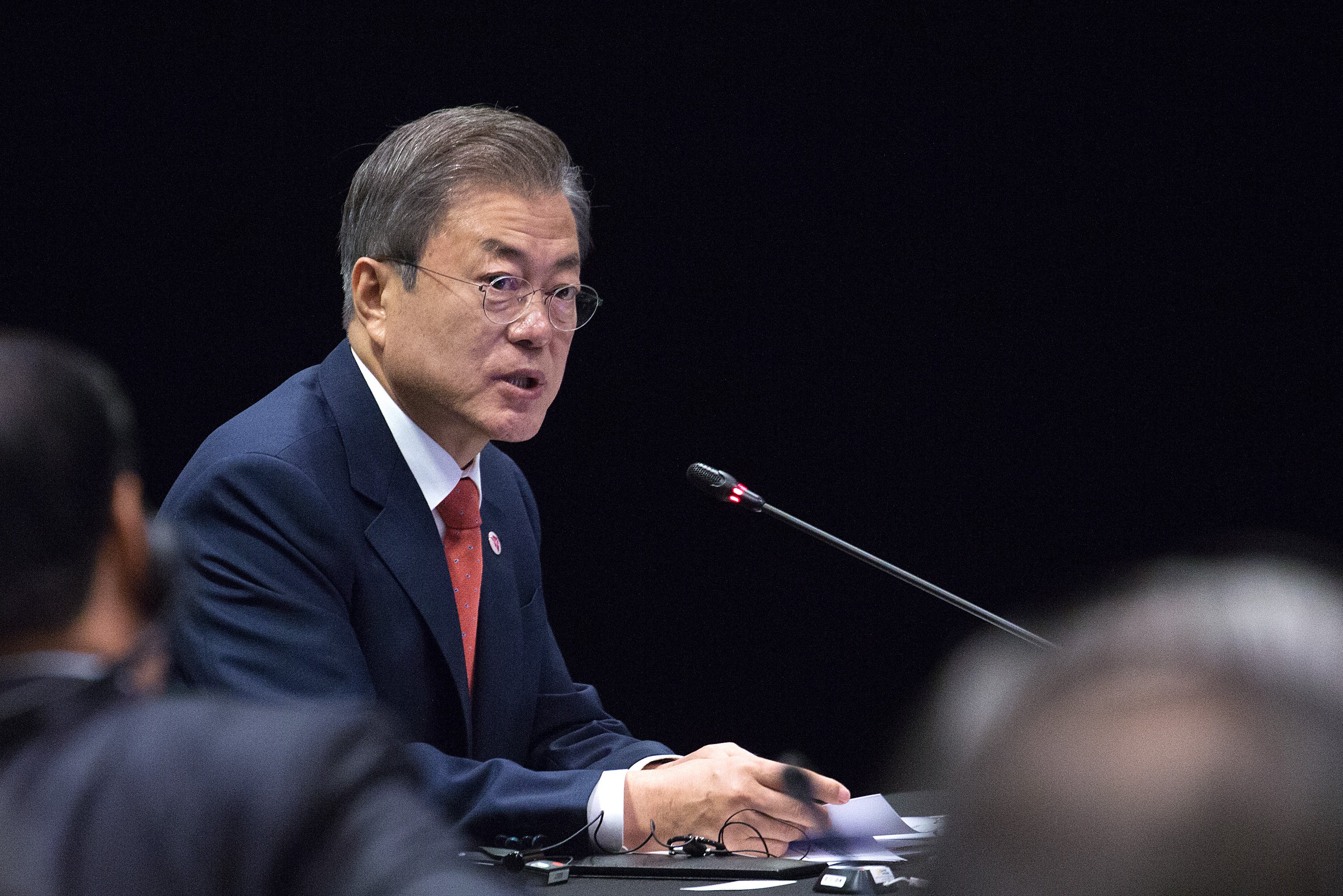 SINGAPORE, SINGAPORE - November 14: South Korea's President Moon Jae-In speaks during the ASEAN-China summit on the sidelines of the 33rd Association of Southeast Asian Nations (ASEAN) summit on November 14, 2018 in Singapore. Leaders from around the world gathered this week in Singapore during the 33rd ASEAN Summit as well as related summits, including Russian President Vladimir Putin as well as U.S. Vice President Mike Pence and Chinese Premier Li Keqiang, who joined the meetings amidst ongoing trade tensions between Washington and Beijing.(Photo by Ore Huiying/Getty Images)