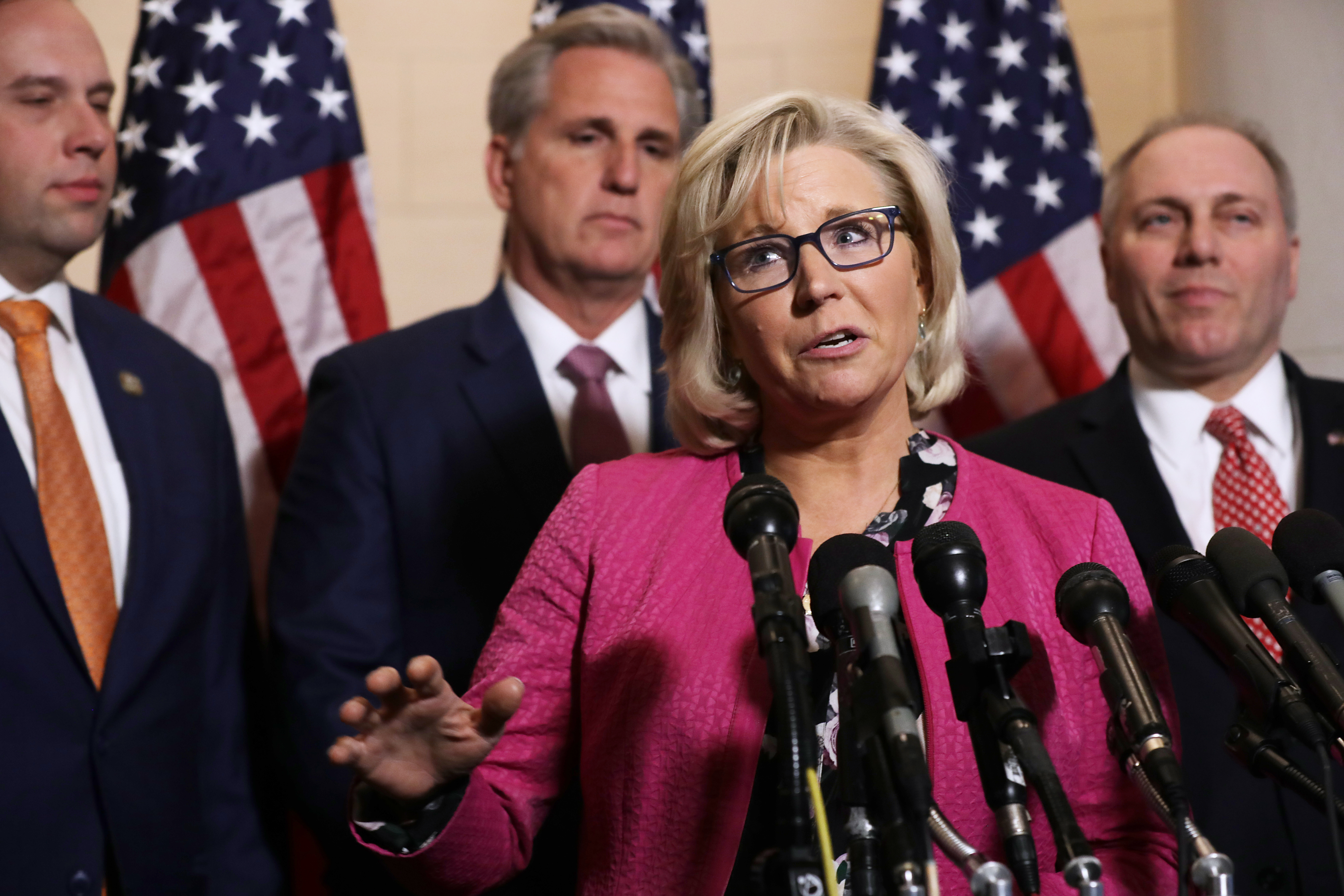 Rep. Liz Cheney, who was elected House Republican conference chair, talks to reporters following House GOP leadership elections with (L-R) Rep. Jason Smith, House Majority Leader Kevin McCarthy and House Majority Whip Steve Scalise, in the Longworth House Office Building on Capitol Hill November 14, 2018 in Washington, DC. (Photo by Chip Somodevilla/Getty Images)
