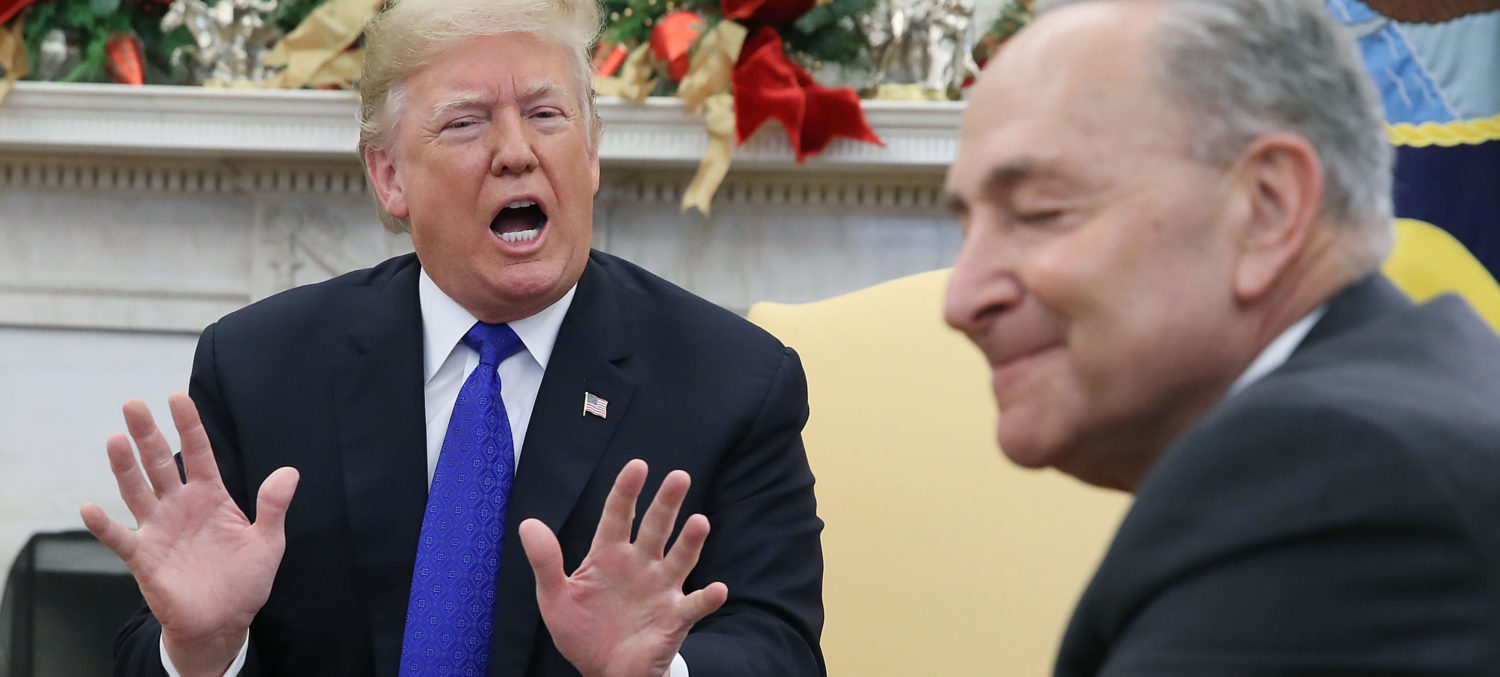 WASHINGTON, DC - DECEMBER 11: U.S. President Donald Trump argues about border security with Senate Minority Leader Chuck Schumer (D-NY) in the Oval Office on December 11, 2018 in Washington, DC. (Photo by Mark Wilson/Getty Images)