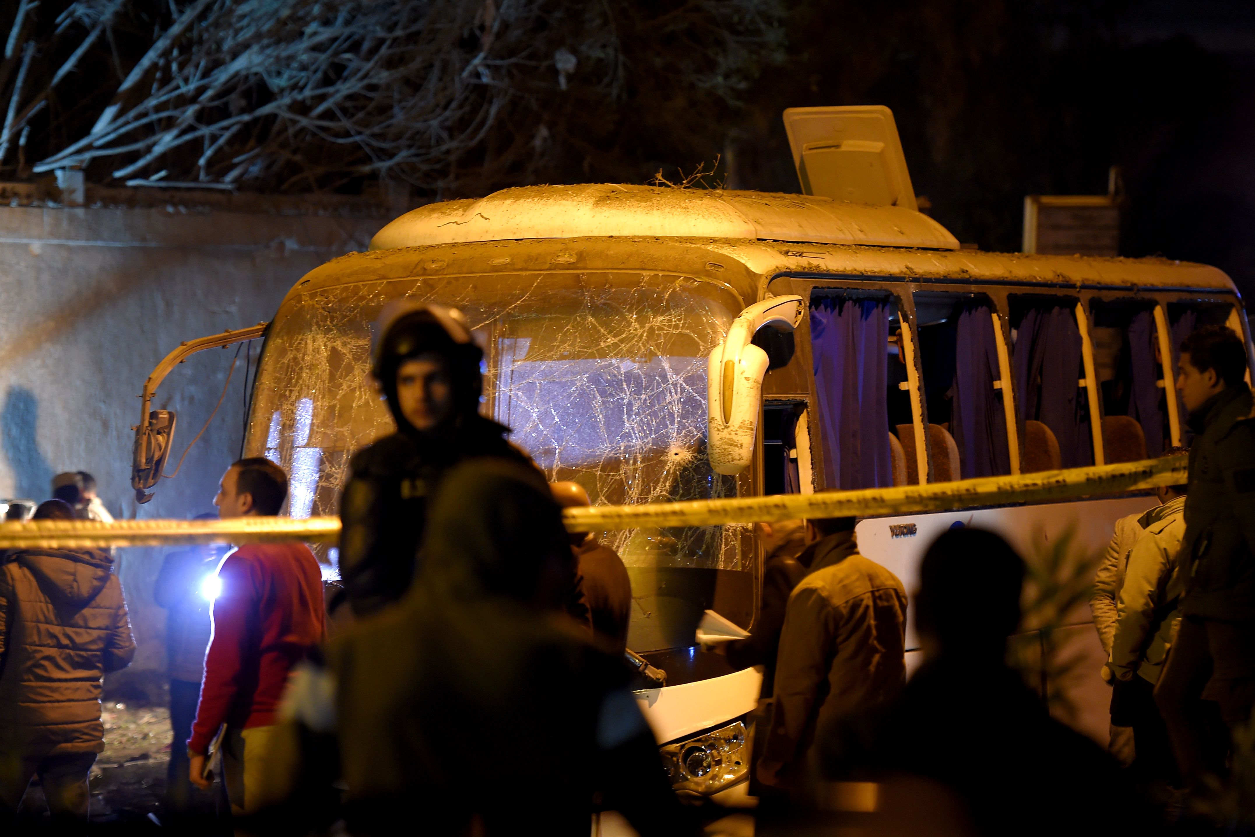 This picture taken on December 28, 2018 shows a view of a tourist bus which was attacked in Giza province south of the Egyptian capital Cairo. (MOHAMED EL-SHAHED/AFP/Getty Images)