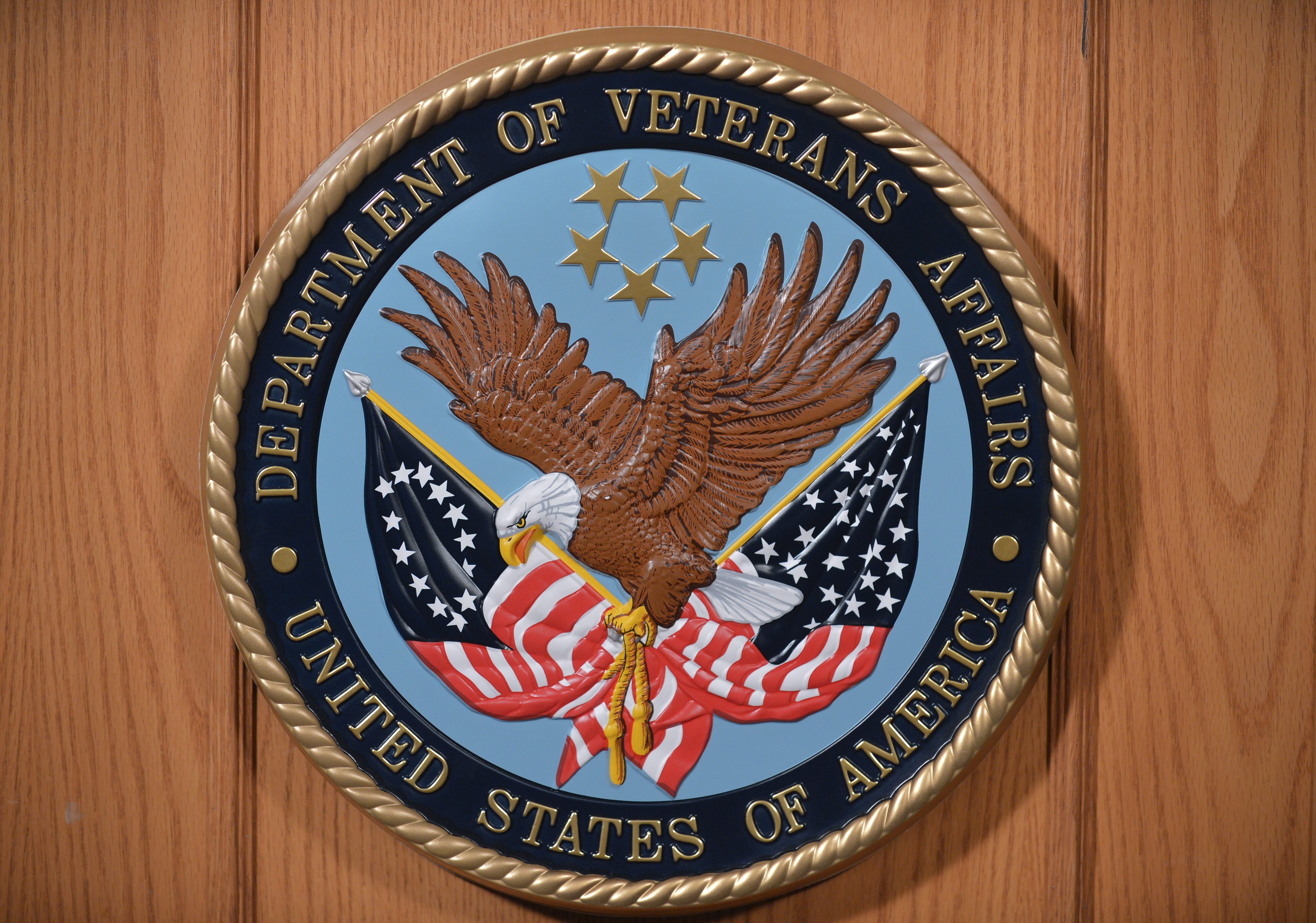 The seal of the Department of Veterans Affairs is seen in an auditorium on February 5, 2013 at the Department of Veterans Affairs in Washington. AFP PHOTO/Mandel NGAN (Photo credit should read MANDEL NGAN/AFP/Getty Images)