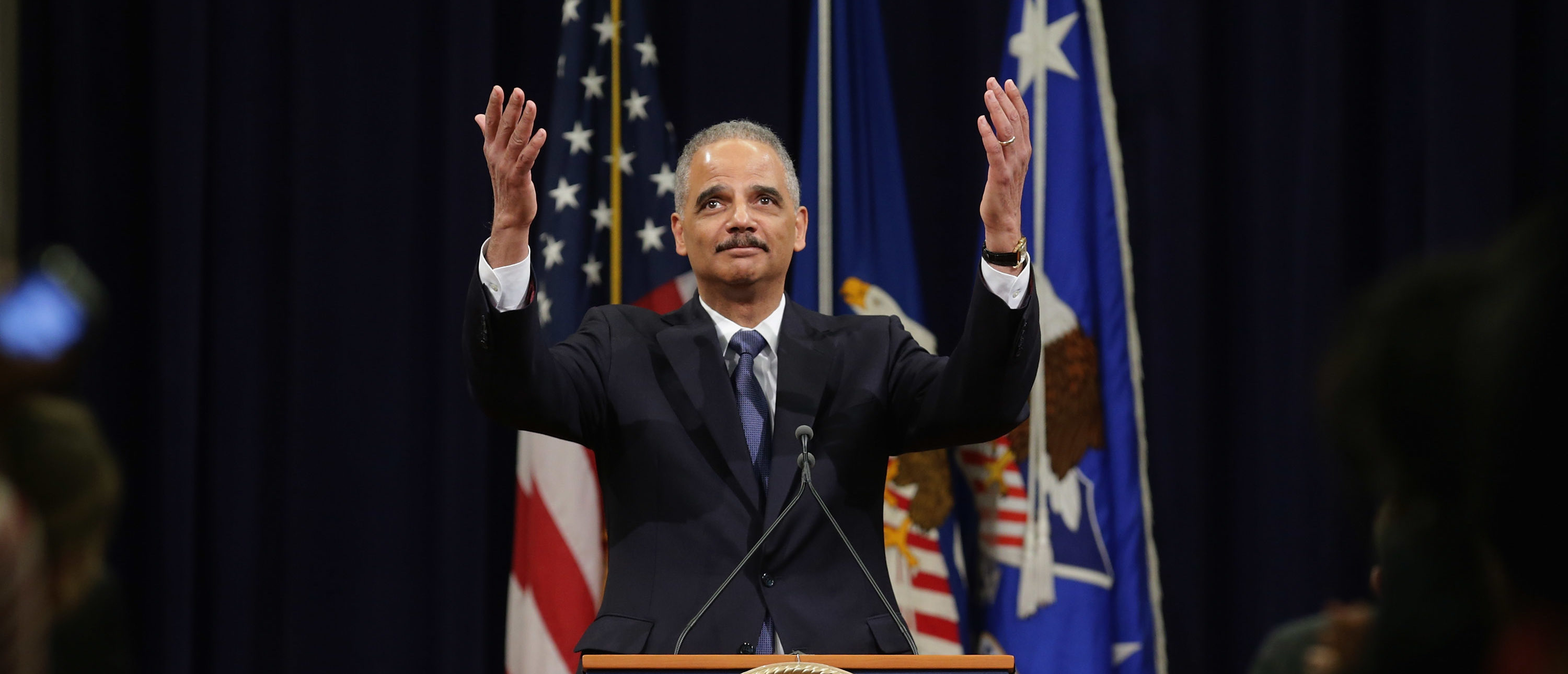 WASHINGTON, DC - APRIL 24: U.S. Attorney General Eric Holder thanks Justice Department employees as he delivers his parting remarks at the Robert F. Kennedy building April 24, 2015 in Washington, DC. The first African American attorney general in U.S. history, Holder is leaving his post as the country's highest ranking law enforcement official after six years on the job and will be succeeded by Loretta Lynch. (Photo by Chip Somodevilla/Getty Images)