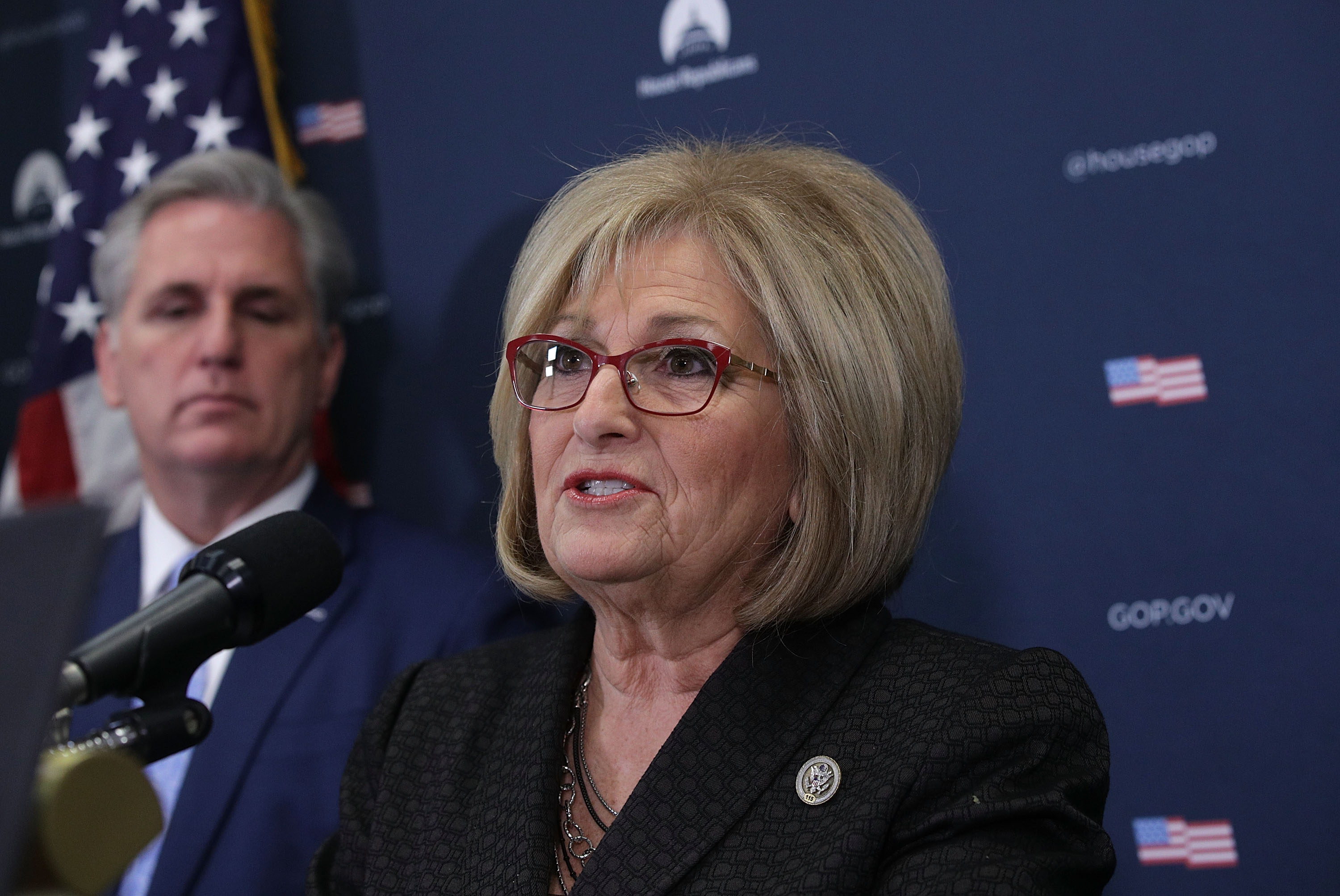 U.S. Rep. Diane Black speaks as House Majority Leader Rep. Kevin McCarthy listens during a news briefing after the weekly GOP Conference meeting January 10, 2017 at the Capitol in Washington, DC. (Photo by Alex Wong/Getty Images)