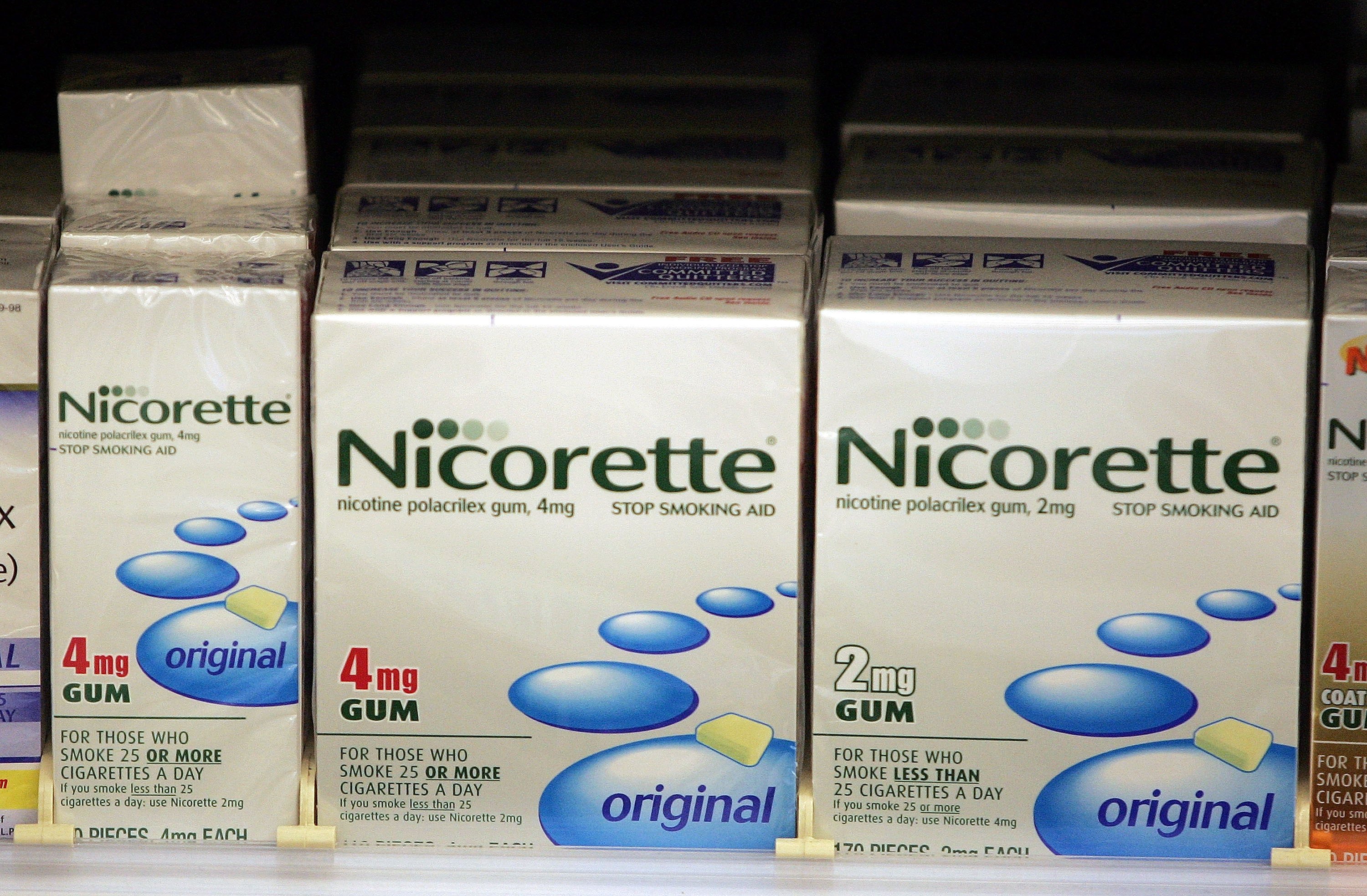 Pfizer's Nicorette stop smoking aid is displayed on a shelf at a Walgreens store June 26, 2006 in Chicago, Illinois. (Photo by Tim Boyle/Getty Images)