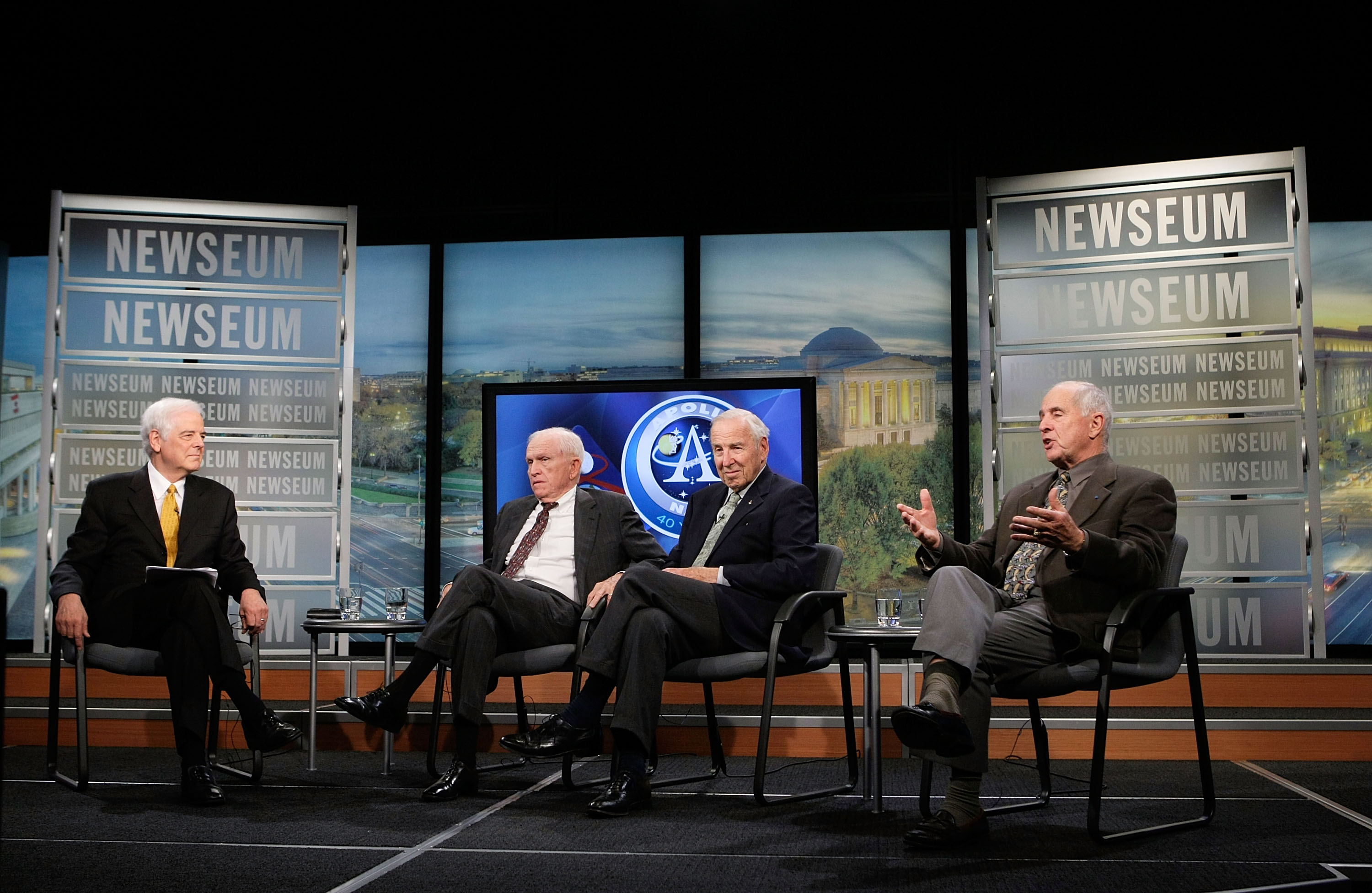 WASHINGTON - NOVEMBER 13: (2nd L  R) Apollo 8 Crew Members Frank Borman, James Lovell, and William Anders chat with Journalist in Residence at the Newseum Nick Clooney (L) during a live taping of a NASA TV program at the Newseum November 13, 2008 in Washington, DC. The former astronauts participated in a discussion on the December 1968 lunar orbital mission and how the success of Apollo 8 contributed to the overall moon landing effort that culminated just six months later with Apollo 11 and to commemorate NASA's 50th anniversary. (Photo by Alex Wong/Getty Images)