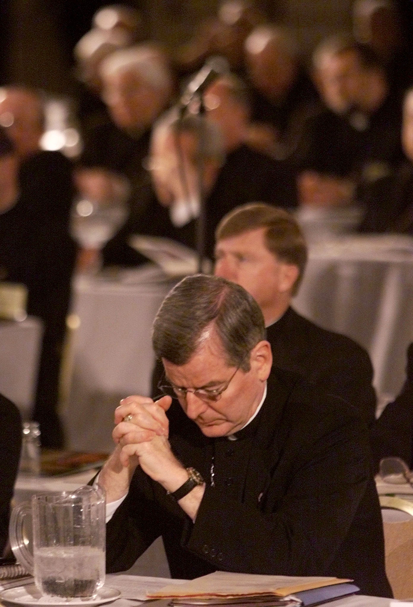 Bishop John C. Nienstedt, from New Ulm, Minnesota, listens to opening remarks during the first day of the United States Conference of Catholic Bishops in Dallas, Texas, June, 13, 2002. U.S. Catholic bishops are close to adopting a "zero tolerance" policy that would defrock any priest who ever sexually molested a minor, a U.S. bishop said Thursday, reflecting a tough stance in the face of mounting public outrage at sex abuse in the church. REUTERS/Rick Wilking
