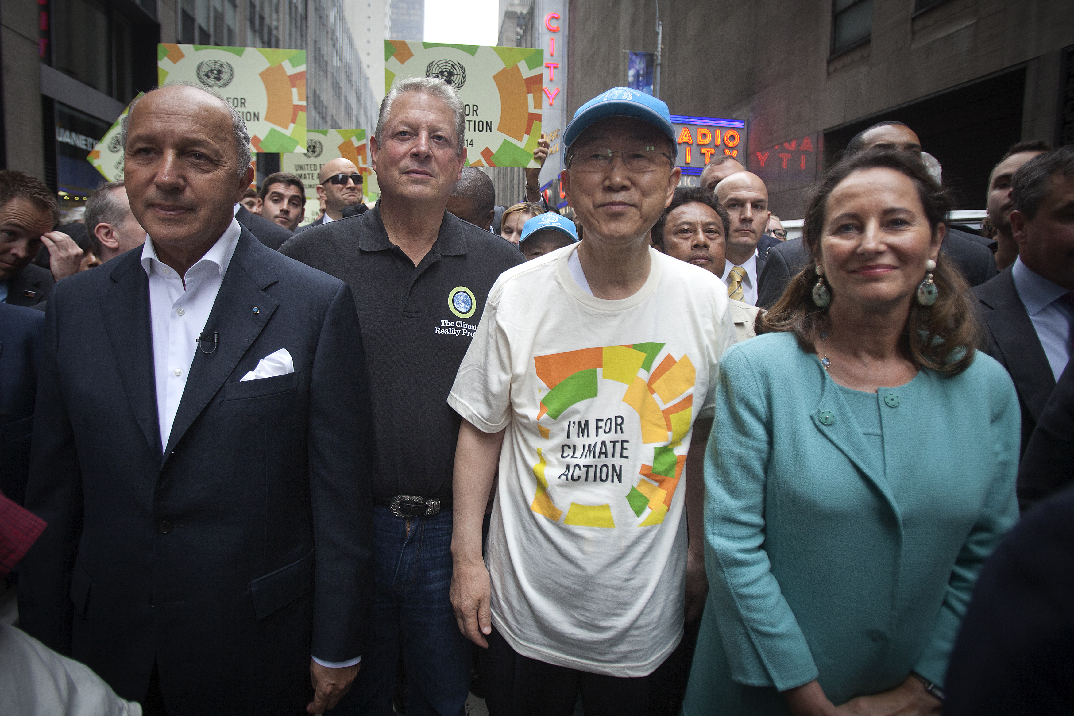 French Foreign Minister Laurent Fabius, former United States Vice President Al Gore, United Nations Secretary General Ban Ki-moon and French Environment Minister Segolene Royal take part in the "People's Climate March" down 6th Ave. in the Man