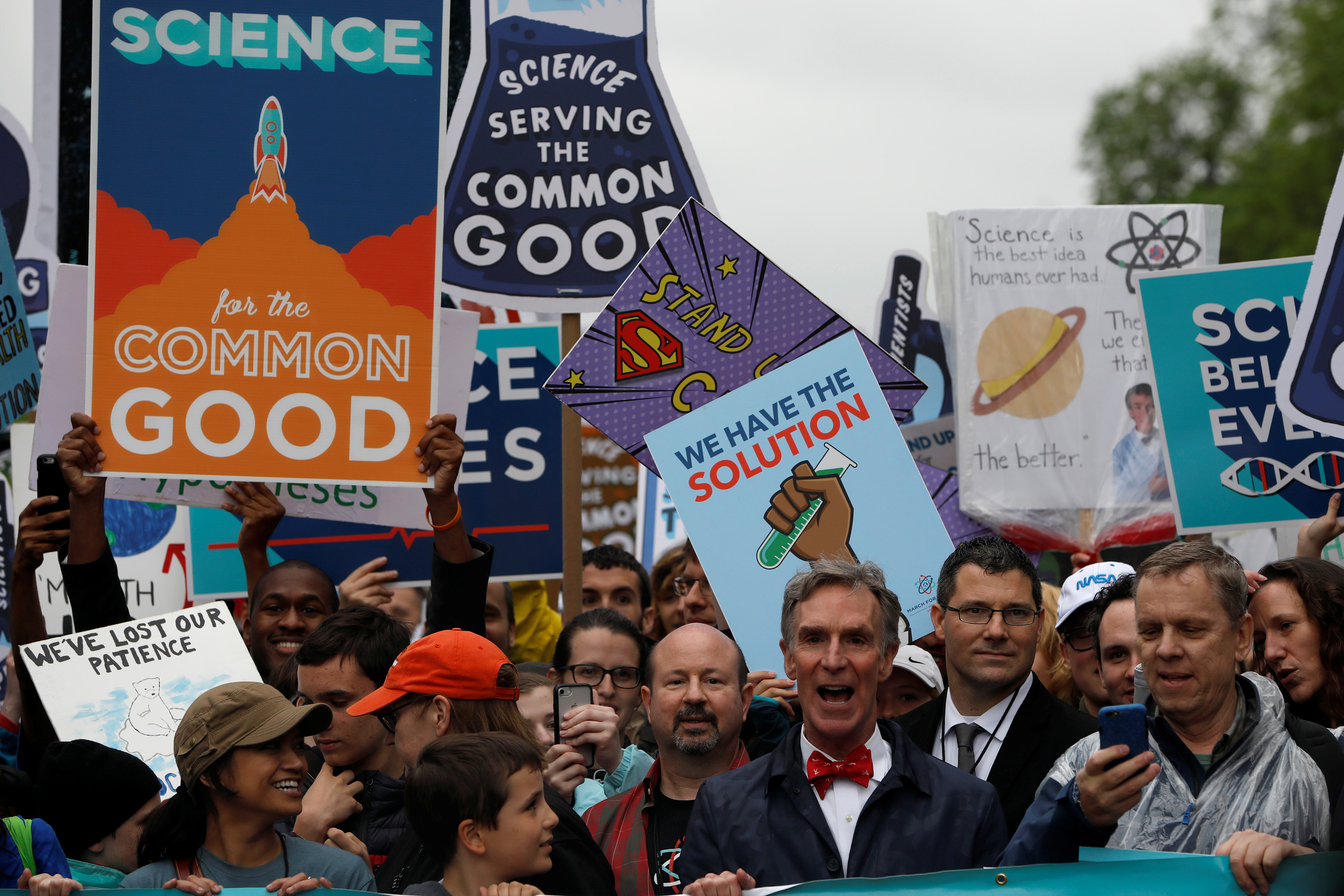 Demonstrators, including scientist Bill Nye, march to the U.S. Capitol during the March for Science in Washington