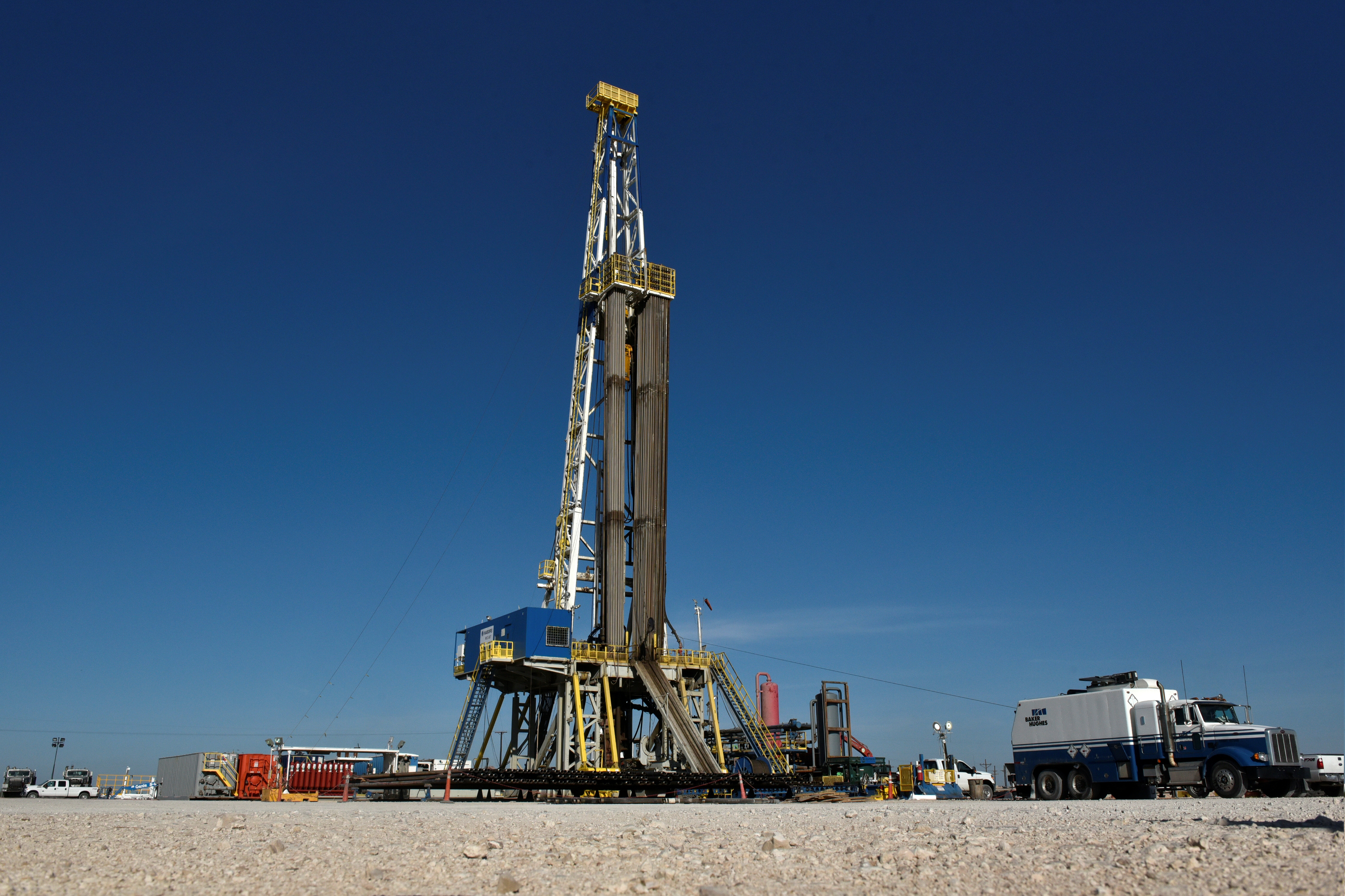A drilling rig on a lease owned by Oasis Petroleum performs logging operations in the Permian Basin near Wink