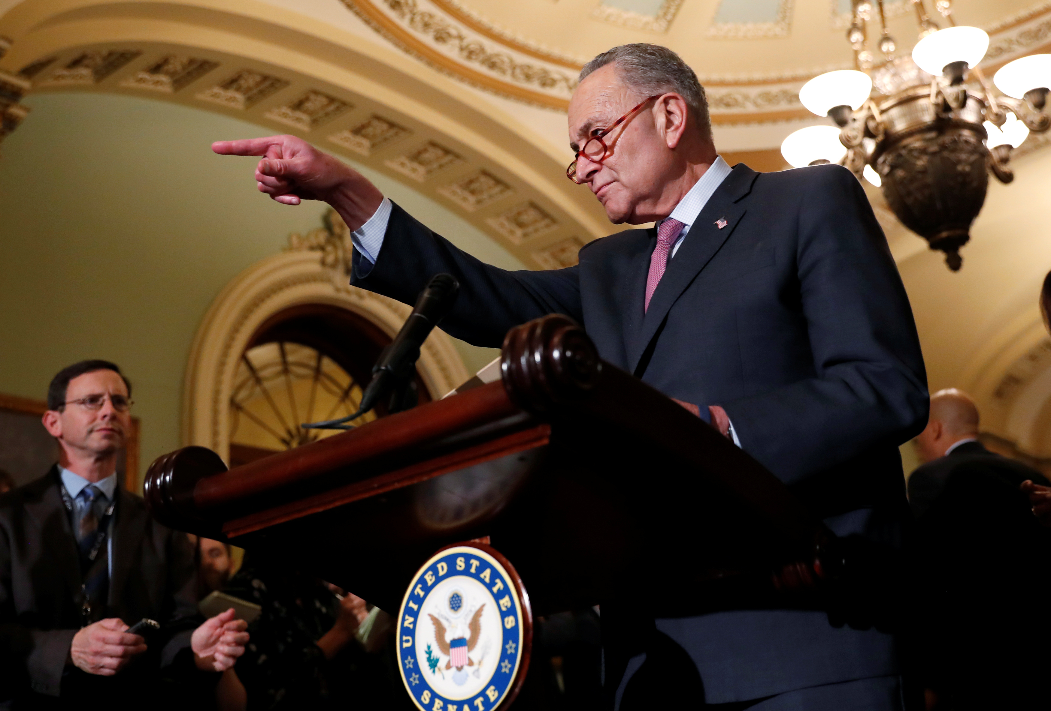 Senator Schumer addresses Capitol Hill reporters after Senate Democratic weekly policy lunch in Washington