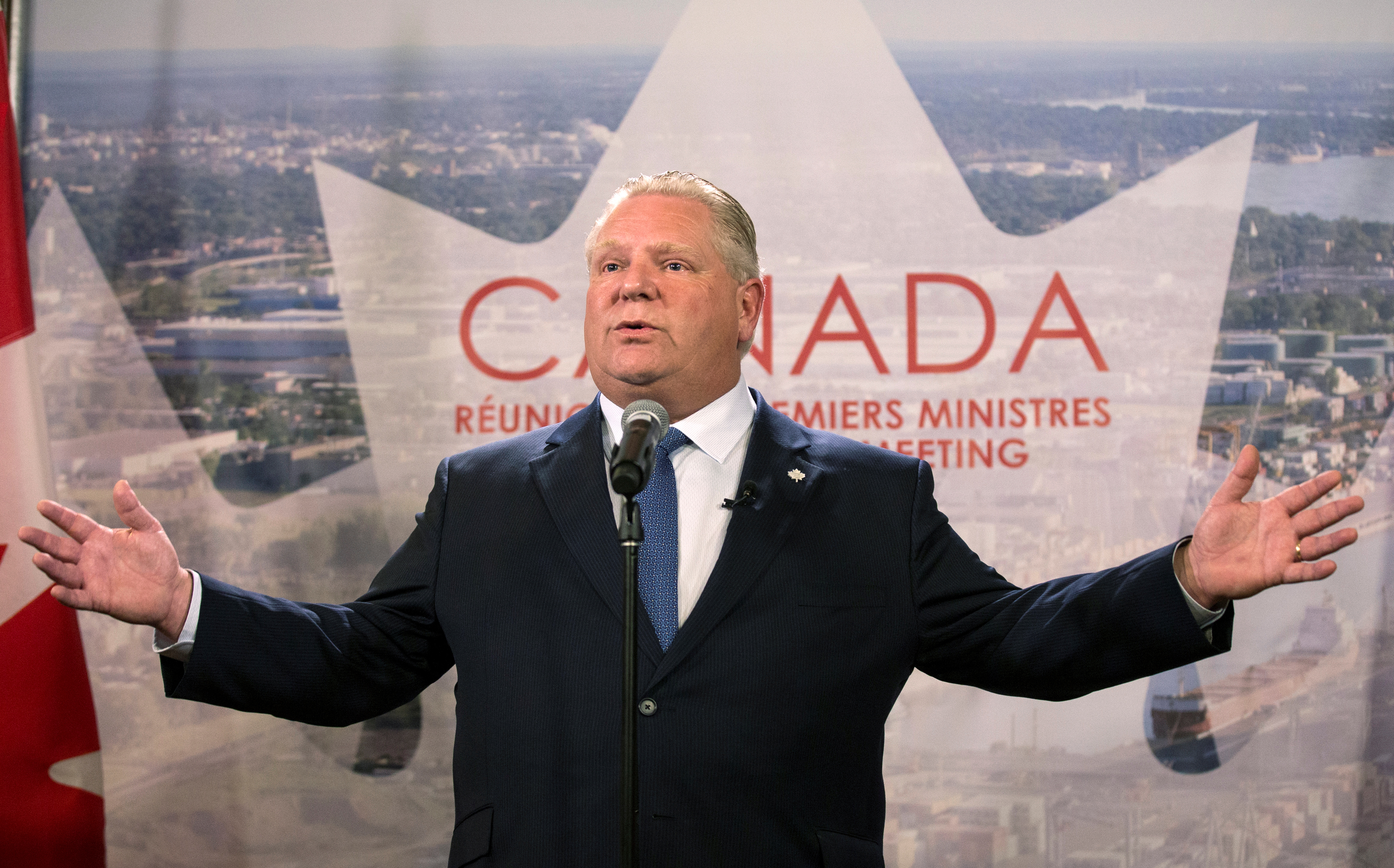 Ontario Premier Doug Ford speaks to the press following the First Ministers' Meeting in Montreal