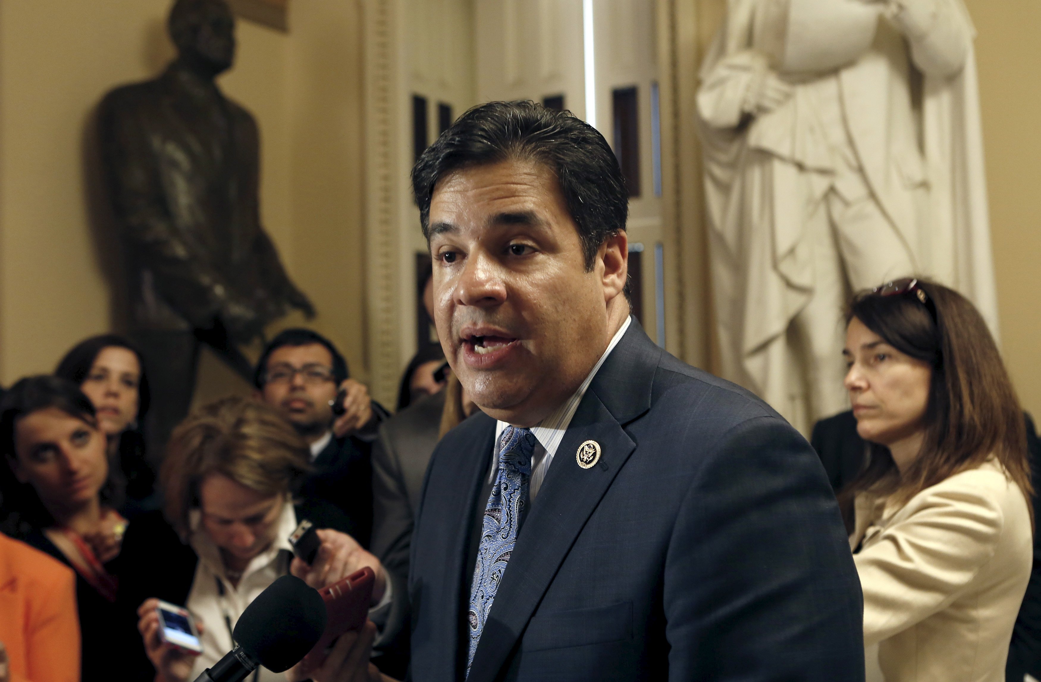 U.S. Representative Raul Labrador talks to the media about U.S. Representative Paul Ryan after the House Freedom Caucus meeting on Capitol Hill in Washington