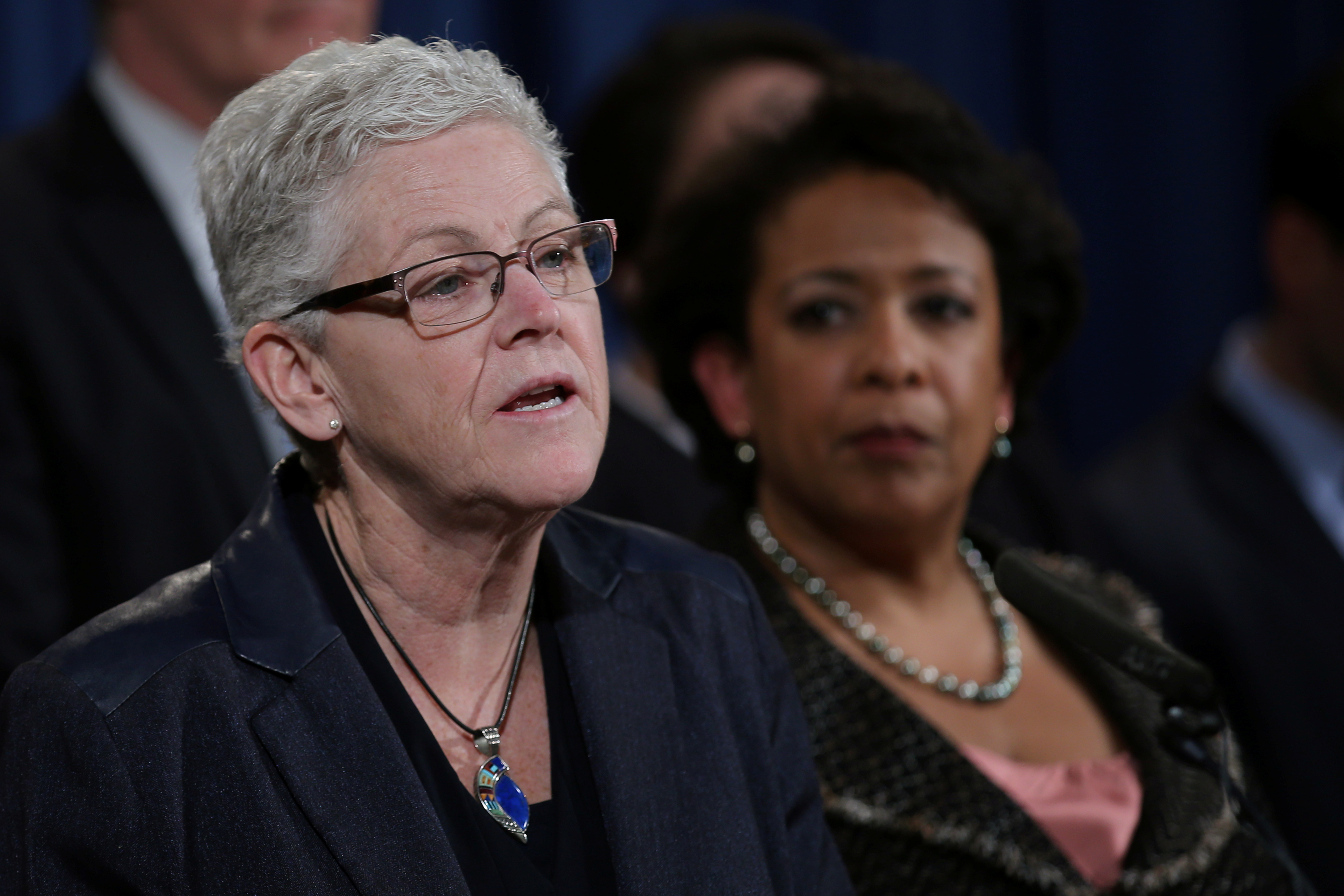 EPA Administrator Gina McCarthy speaks during a news conference, accompanied by U.S. Attorney General Loretta Lynch, in Washington