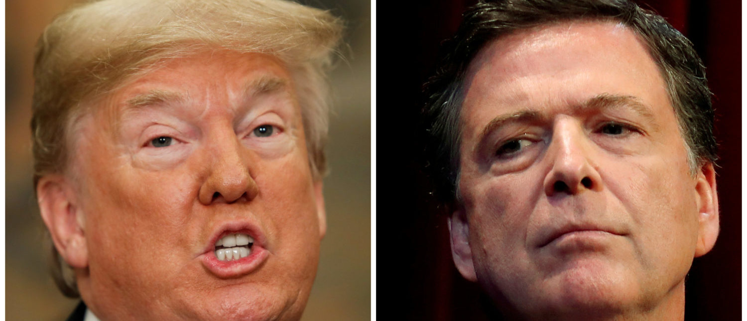 U.S. President Donald Trump and Former FBI Director James Comey (R) appear in Washington, DC, U.S., on May 24 and April 30, 2018 respectively. REUTERS/Kevin Lamarque (L) and Jonathan Ernst/File Photo