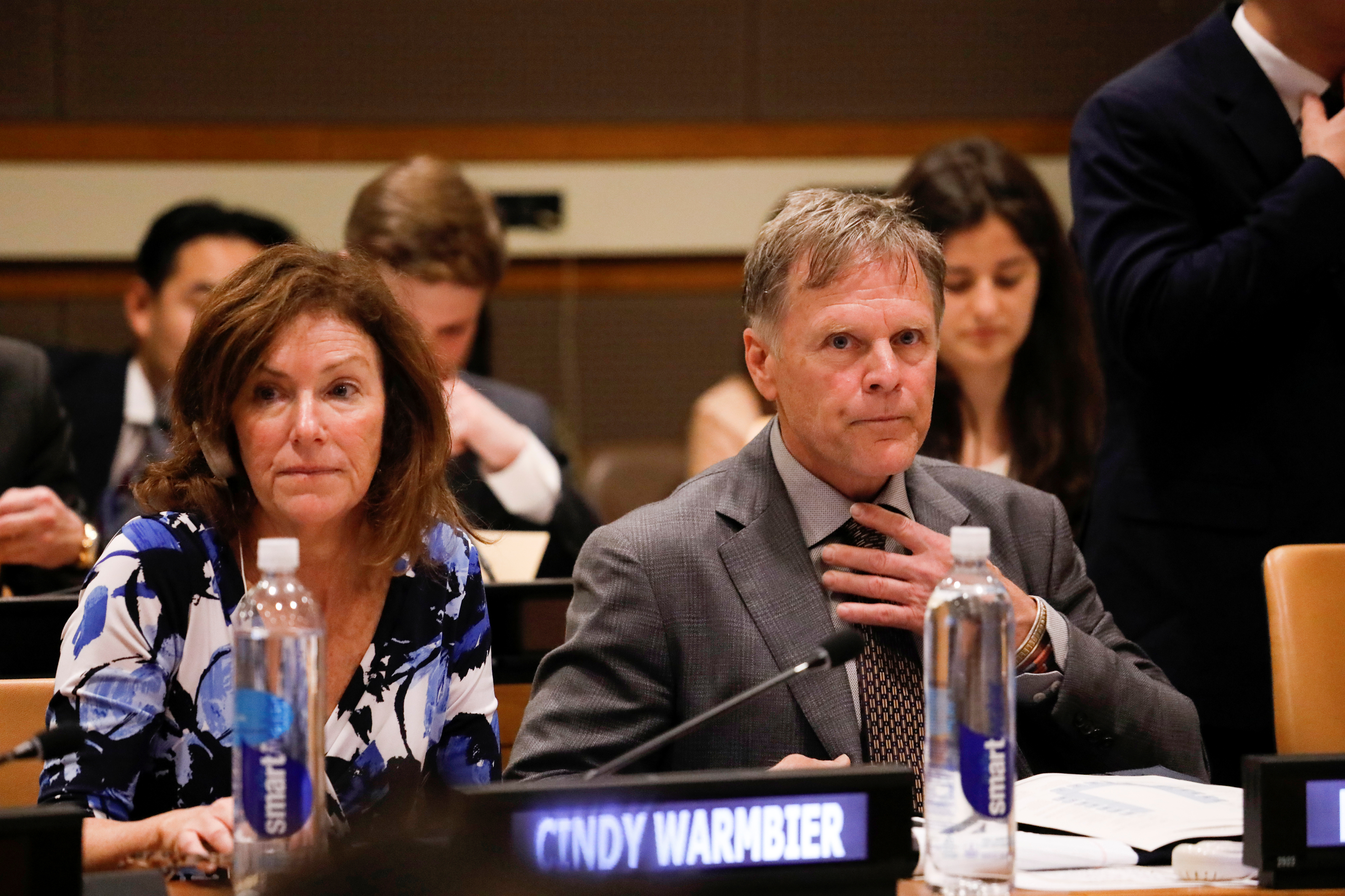 Fred Warmbier and his wife Cindy, parents of Otto Warmbier, attend a symposium on possible ways of international cooperation to urge the Democratic Republic of Korea (DPKR) to take concrete actions to improve the human rights situation in the DPRK at the United Nations headquarters in Manhattan, New York, U.S., May 3, 2018. REUTERS/Shannon Stapleton