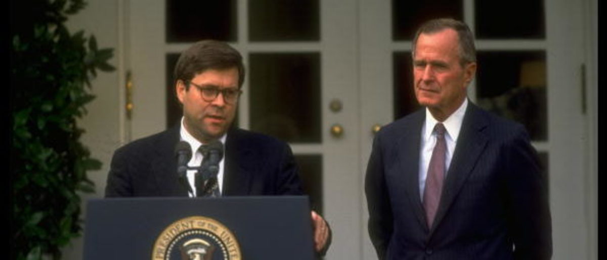 Pres. Bush (R) listening to Dep. Atty. Gen. William Barr at WH portico ceremony announcing Dep.'s nomination to succeed Atty. Gen. Thornburgh. (Photo by Dirck Halstead/The LIFE Images Collection/Getty Images)