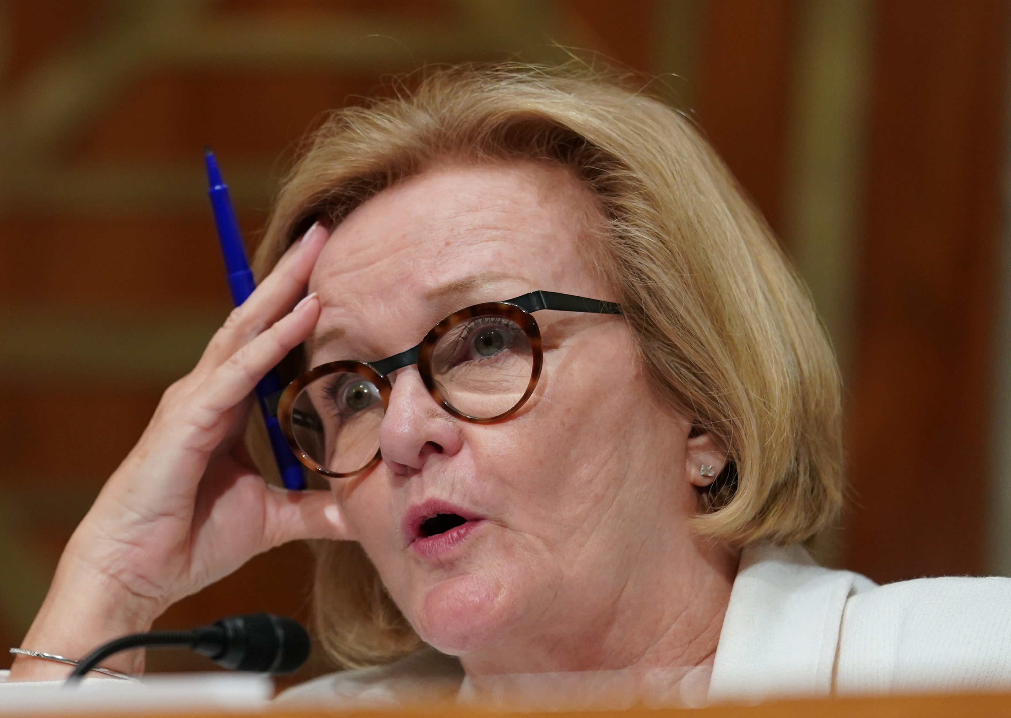 Senate Homeland Security and Governmental Affairs Committee ranking member Claire McCaskill (D-MO) questions Department of Homeland Security Secretary Kirstjen Nielsen during a Senate Homeland Security and Governmental Affairs Committee hearing on "Authorities and Resources Needed to Protect and Secure the United States," on Capitol Hill in Washington, DC, U.S., May 15, 2018. REUTERS/Erin Schaff
