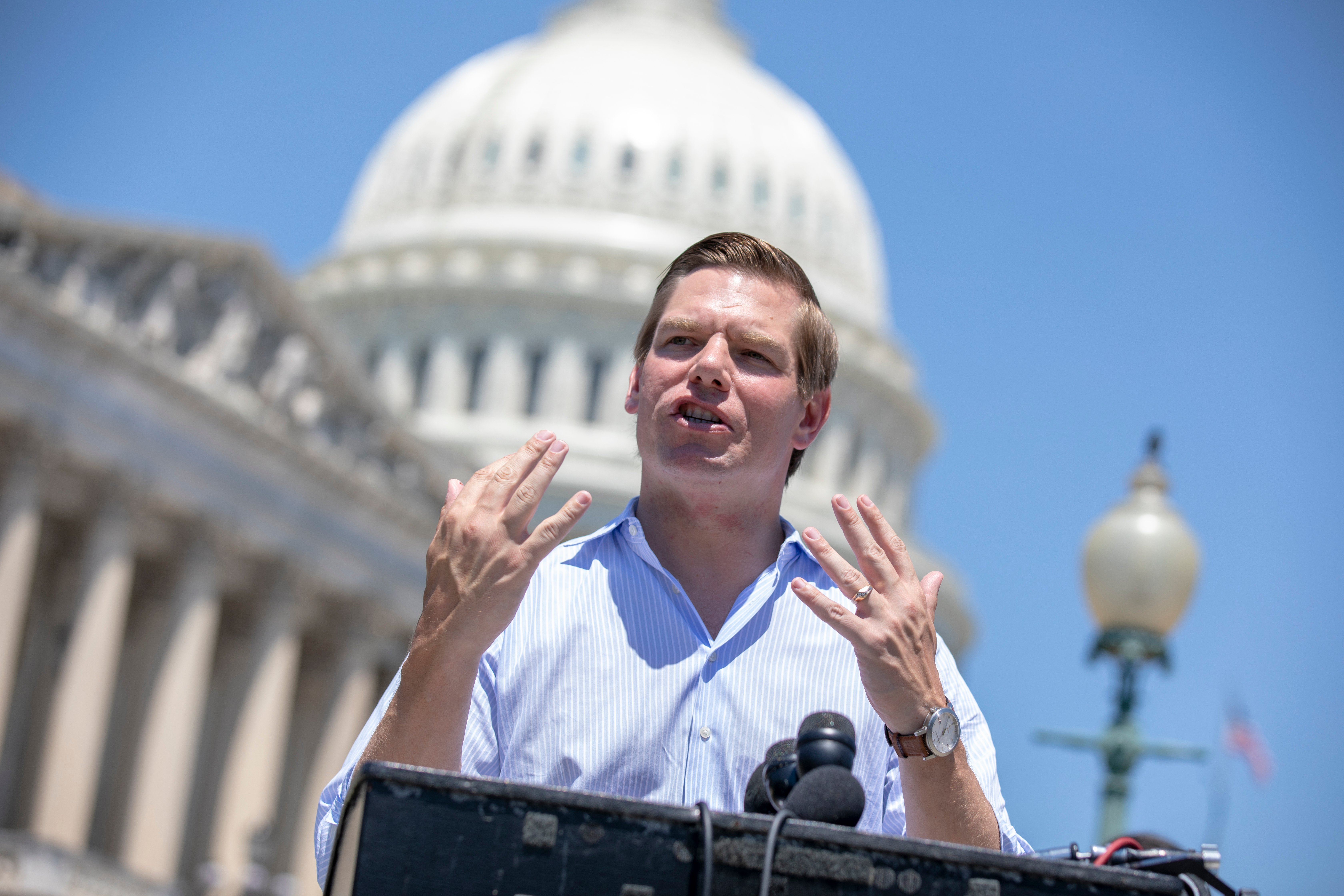 Rep. Eric Swalwell speaks during a news conference regarding the separation of immigrant children. (Alex Edelman/Getty Images)