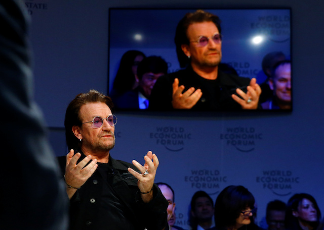 Bono, U2 singer and co-founder of the One campaign, speaks during the World Economic Forum (WEF) annual meeting in Davos, Switzerland, January 23, 2019. REUTERS/Arnd Wiegmann
