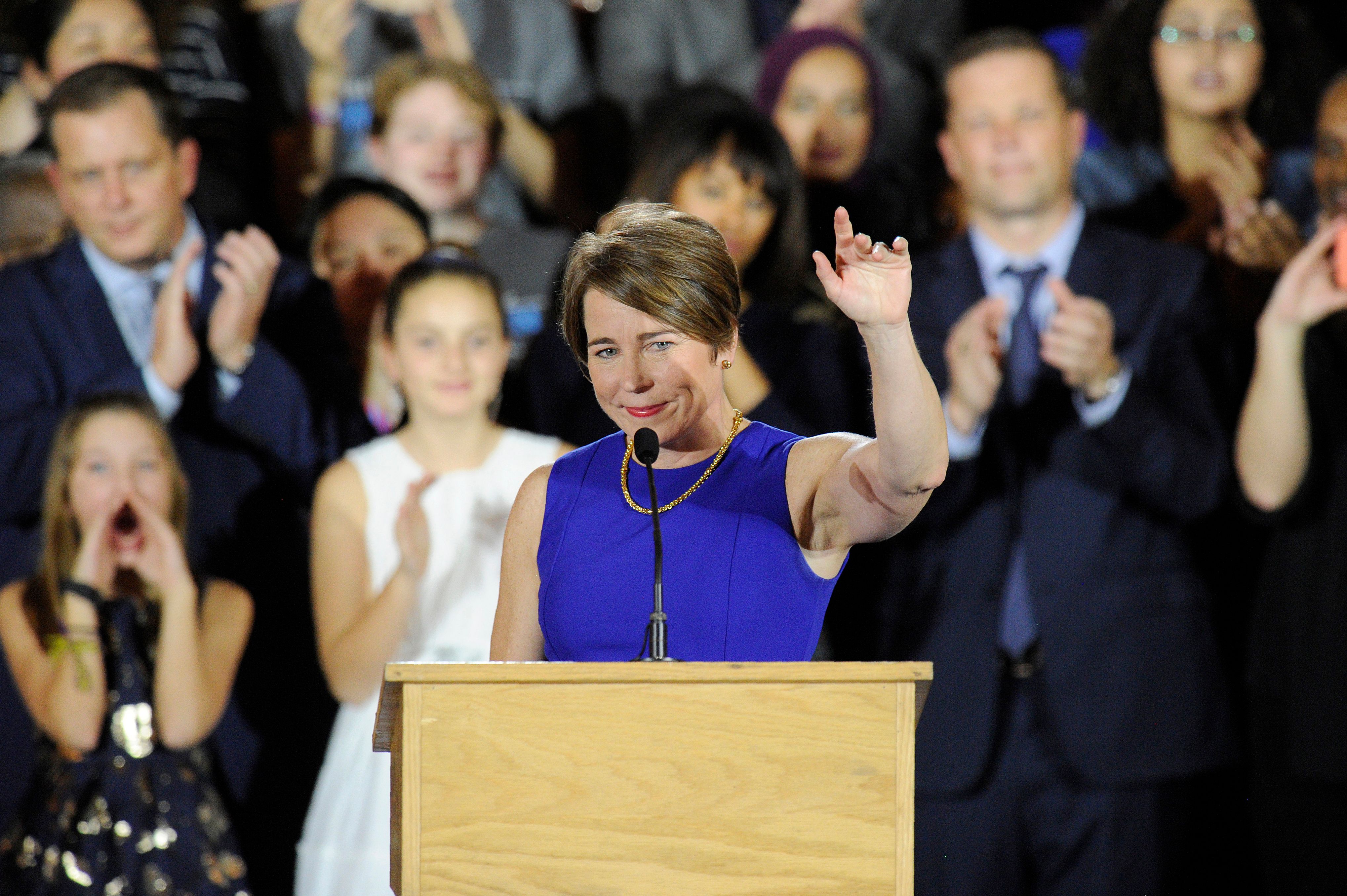 Massachusetts Attorney General Maura Healey waves as he addresses the crowd during the Election Day Massachusetts Democratic Coordinated Campaign Election Night Celebration at the Fairmont Copley Hotel in Boston on November 6, 2018. (JOSEPH PREZIOSO/AFP/Getty Images)