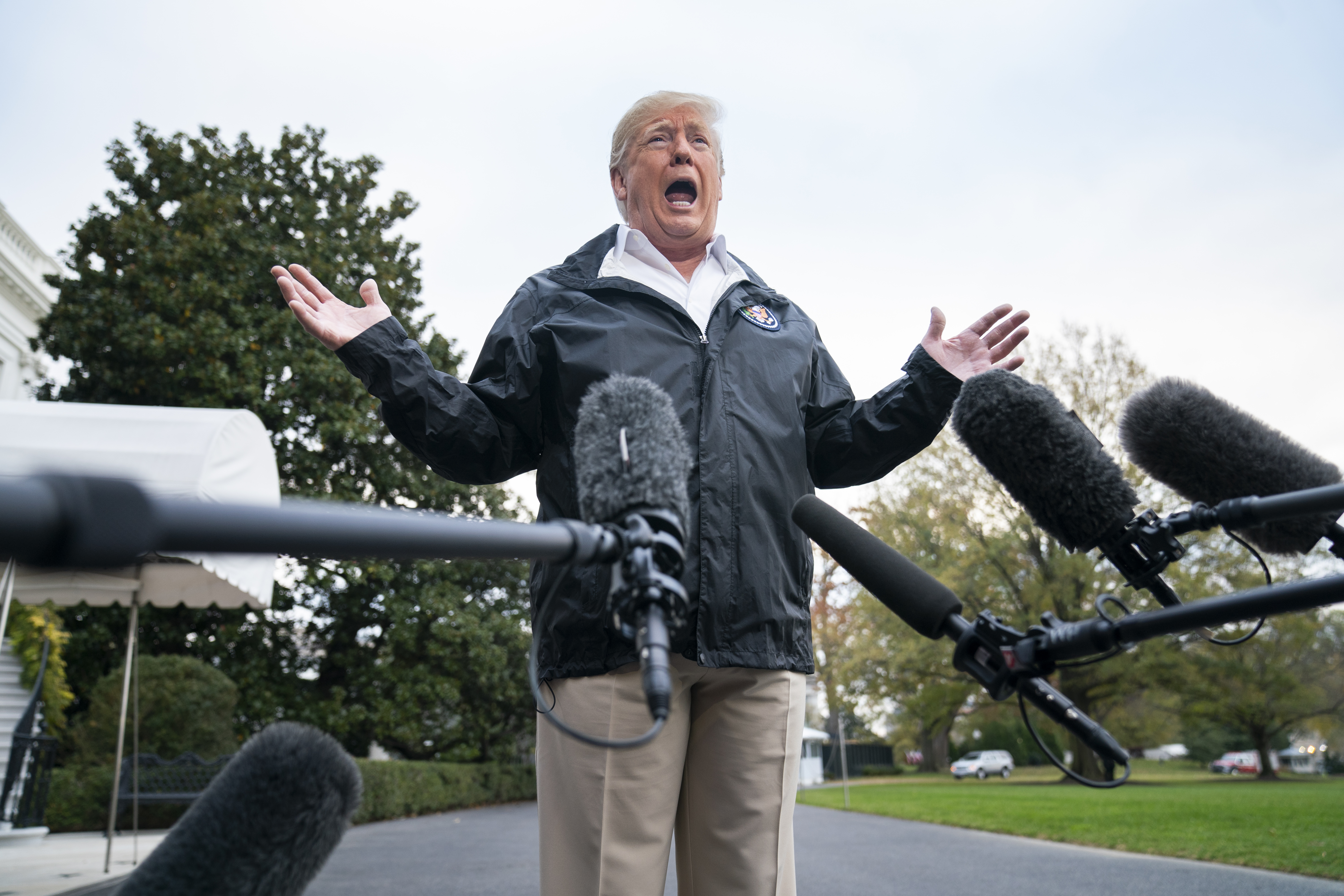 U.S. President Donald Trump speaks to the media before departing the White House for California, where he is scheduled to view damage from the state's wildfires, on November 17, 2018 in Washington, DC.(Photo by Jim Lo Scalzo-Pool/Getty Images)