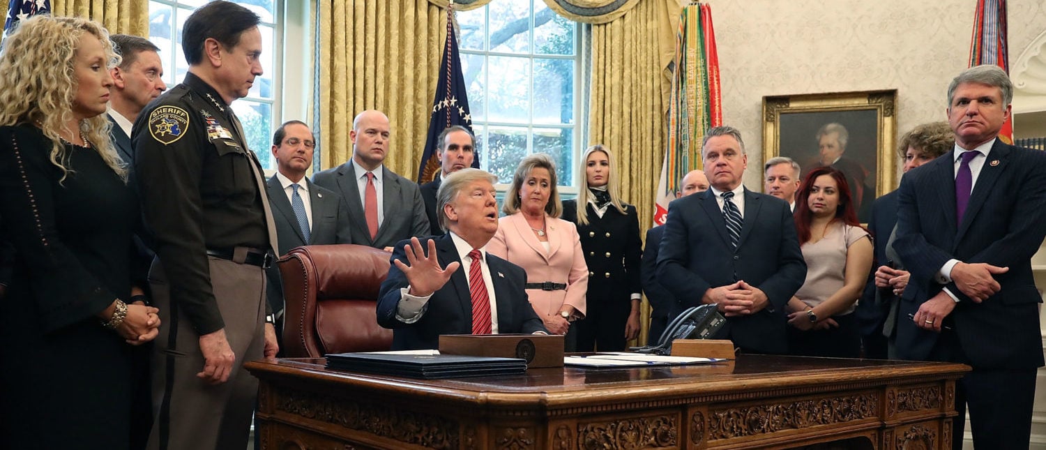 WASHINGTON, DC - JANUARY 09: U.S. President Donald Trump speaks to the media after signing Anti-Human Trafficking Legislation in the Oval Office on January 9, 2019 in Washington, DC. President Trump also spoke about the stalemate between congressional leaders to come to a bipartisan solution for more money to build a wall along the U.S.-Mexico border. (Photo by Mark Wilson/Getty Images)