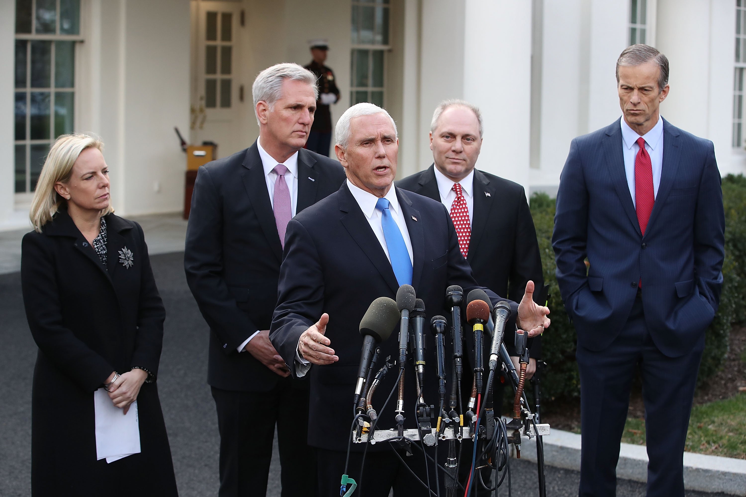 U.S. Vice President Mike Pence speaks to the media after a meeting with President Trump and Congressional leaders at the White House on January 9, 2019 in Washington, DC. (Photo by Mark Wilson/Getty Images)