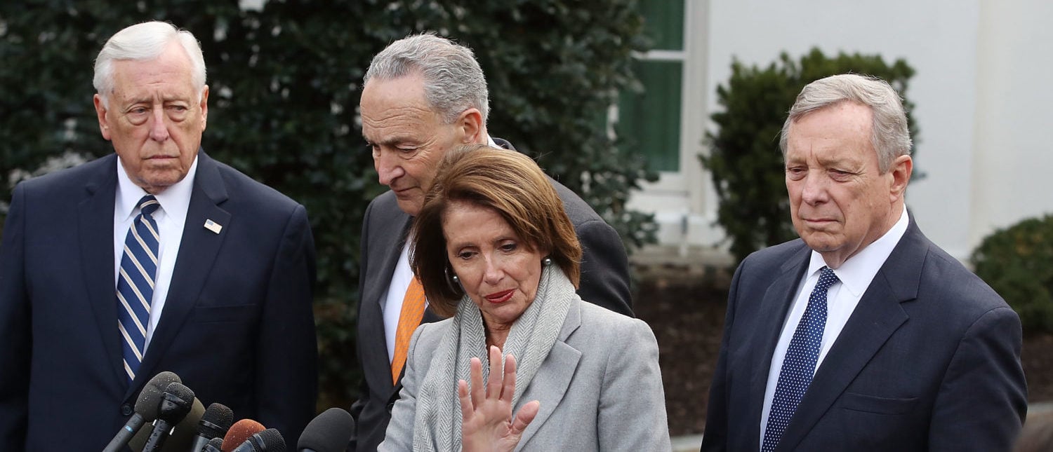 WASHINGTON, DC - JANUARY 09: House Speaker Nancy Pelosi (D-CA) speaks while flanked by House Majority Leader Steny Hoyer (D-MD) (L), Senate Minority Leader Charles Schumer (D-NY), and Sen. Dick Durbin (D-IL) at the White House after meeting with U.S. President Donald Trump about ending the partial government shutdown, on January 9, 2019 in Washington, DC. The stalemate between President Trump and congressional Democrats continues as they cannot come to a bipartisan solution for more money to build a wall along the U.S.-Mexico border. (Photo by Mark Wilson/Getty Images)