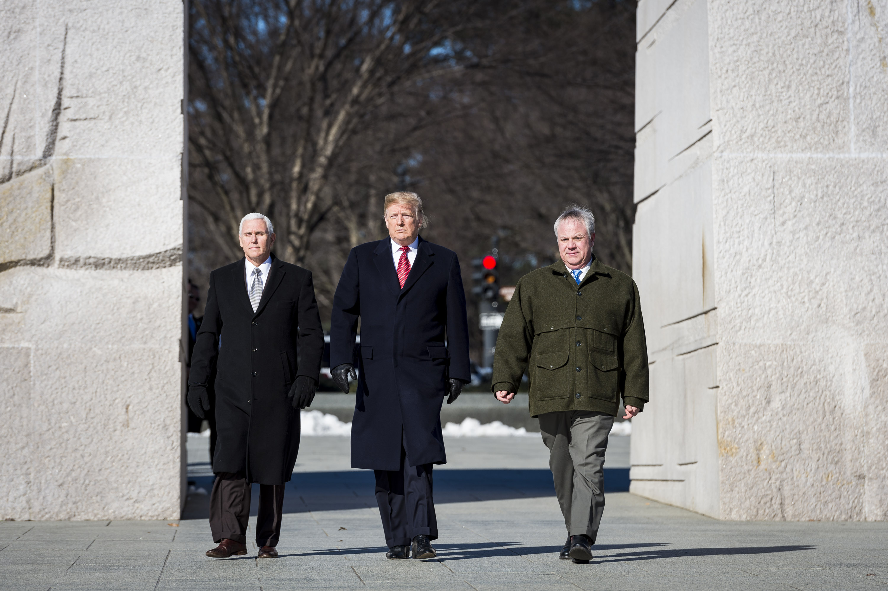 WASHINGTON, DC - JANUARY 21: President Donald Trump and Vice President Mike Pence visit the Martin Luther King Jr. Memorial on January 21, 2019 in Washington, DC. They placed a wreath to commemorate the slain civil rights leader. (Photo by Pete Marovich/Getty Images)