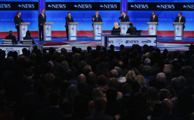 MANCHESTER, NH - FEBRUARY 06: (L-R) Republican presidential candidates Ohio Governor John Kasich, Jeb Bush, Sen. Marco Rubio (R-FL), Donald Trump, Sen. Ted Cruz (R-TX), Ben Carson and New Jersey Governor Chris Christie participate in the Republican presidential debate at St. Anselm College February 6, 2016 in Manchester, New Hampshire. Sponsored by ABC News and the Independent Journal Review, this is the final televised debate before voters go to the polls for the New Hampshire primary on February 9. (Photo by Joe Raedle/Getty Images